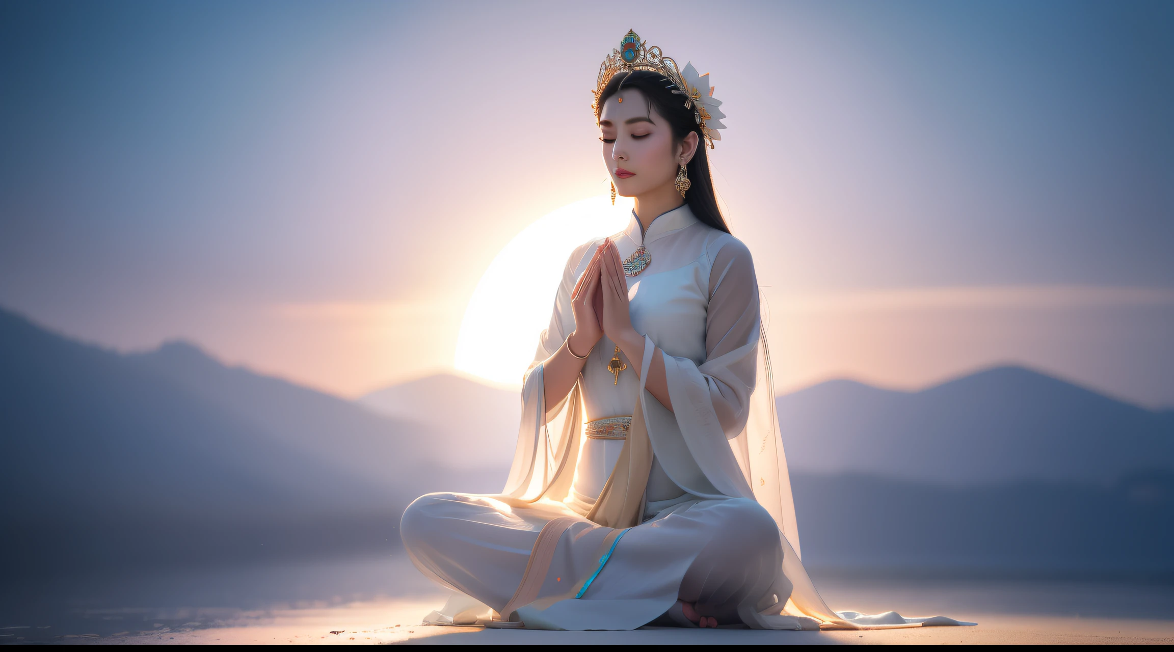 There is a beautiful goddess in the sky、Meditating cross-legged on a large lotus flower,perfect body posture,meditative,long curved eyebrows,Beautiful eyes shine brightly,big, Eyes like jewels shine brightly,Light is reflected in the transparent eyes,double eyelid,((plump and rosy lips)) clearly visible,((My cheeks turned red)),The lower jaw is plump,Fair skin is delicate and smooth,Transparent and delicate skin,delicate and dexterous crown,inlaid gemstones,exquisite and original,inlaid gemstones,Sit on a pale pink lotus floating in the air,look straight at the camera,((Pinch the stem of a lotus flower with one hand)),(((nice hands))),((((good feet))),(((good legs))),Realistic,white skin,((correct body structure)),white clothes,decorated in white,meditate in lotus pose,Baiyun,blue sky,round light head background,Behind him is a colorful rainbow ring,color glow is on,front light,positive light,There is no shadow on the face,There is no shadow on the body,blue sky,Unreal space,ether world,Dream world,blue sky and white cloudaster piece,4k,Super fine,professional photography,point of view upwards,Standard lens photography,