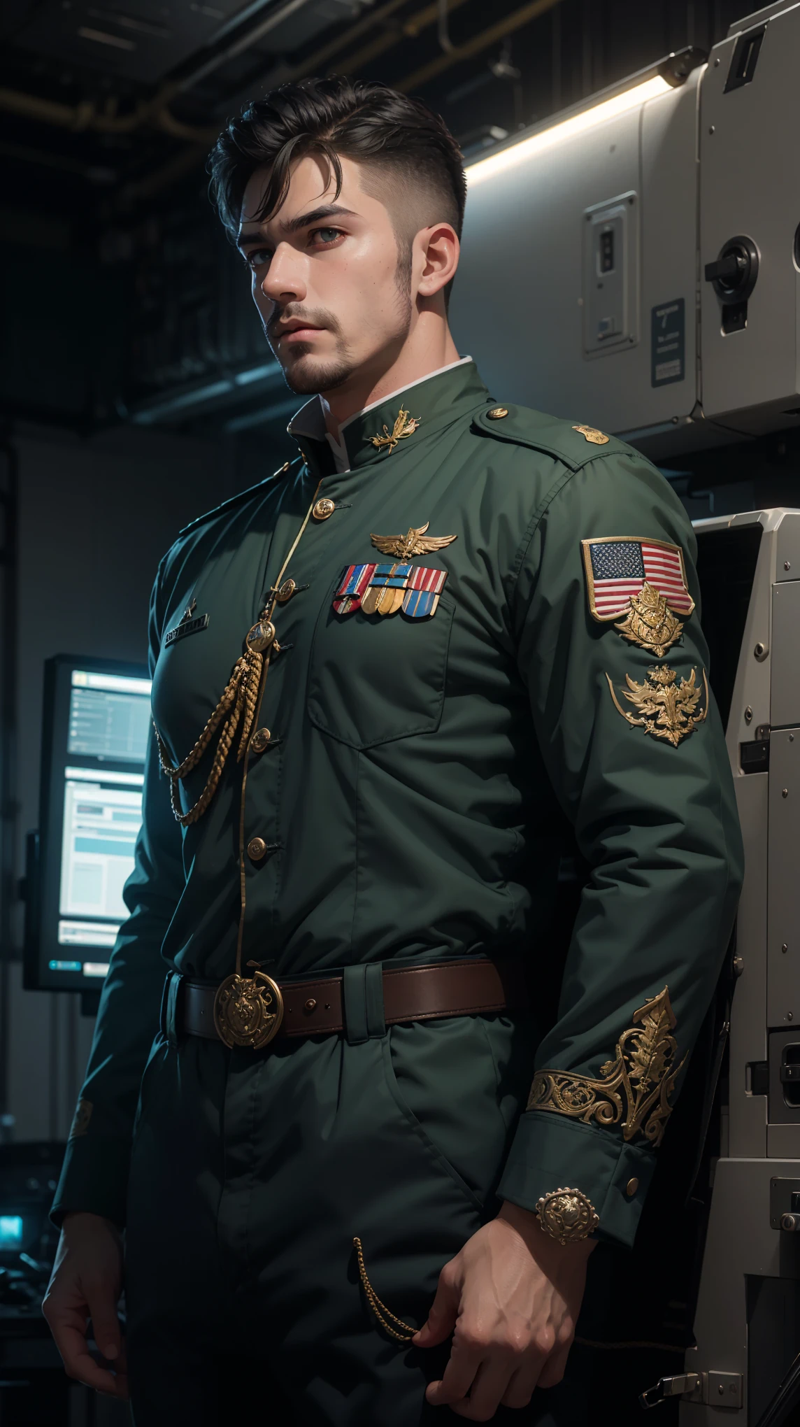 "((photorealism, high quality, detail)), (more than half of the body) science fiction, Futuristic setting, Military personnel, Spaceship pilot, ((strong man, athletic figure)), majestic appearance, arrogant facial expression, looks at us with expressive eyes, proud, handsome, (black) short-cropped hair, gray uniform, pilot's jumpsuit
(dressed In the ornate uniform of an army general:1.10) (medals:1.10), volumetric lighting, Sargent ISO1600 uniform, unreal engin 5, octane rendering, (2D: 1.2), digital painting, artstation, concept art, smooth, clear focus,