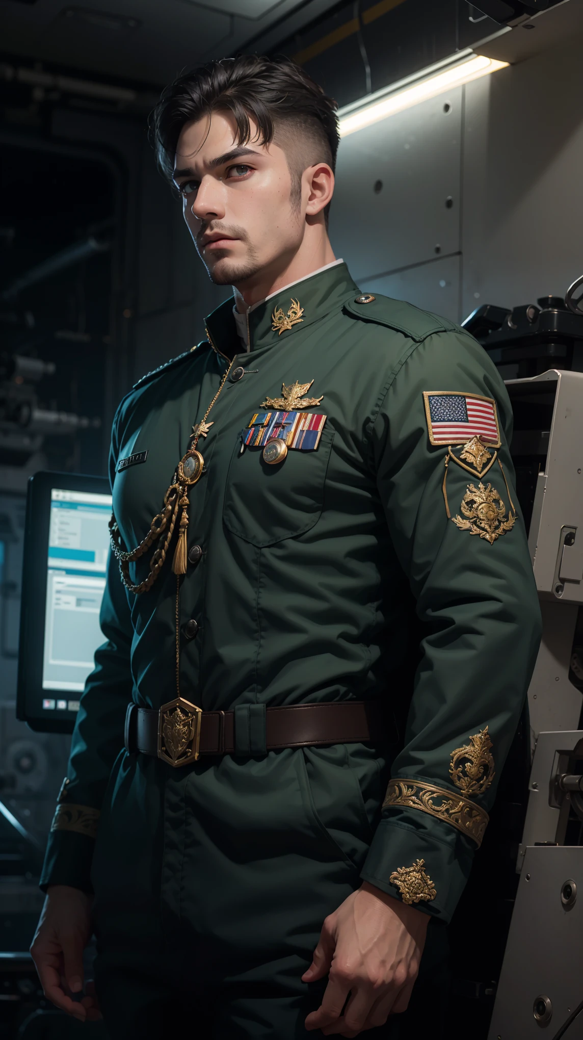 "((photorealism, high quality, detail)), (more than half of the body) science fiction, Futuristic setting, Military personnel, Spaceship pilot, ((strong man, athletic figure)), majestic appearance, arrogant facial expression, looks at us with expressive eyes, proud, handsome, (black) short-cropped hair, gray uniform, pilot's jumpsuit
(dressed In the ornate uniform of an army general:1.10) (medals:1.10), volumetric lighting, Sargent ISO1600 uniform, unreal engin 5, octane rendering, (2D: 1.2), digital painting, artstation, concept art, smooth, clear focus,