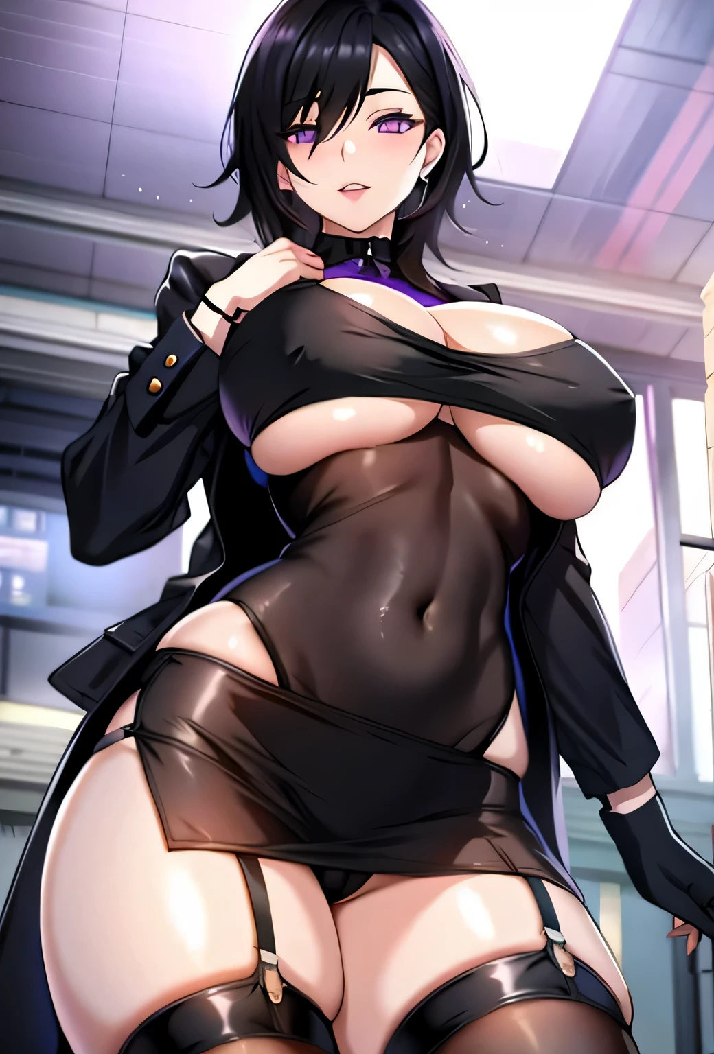black hair, black colored dress, violet eyes, gigantic breasts, cleavage, bare legs