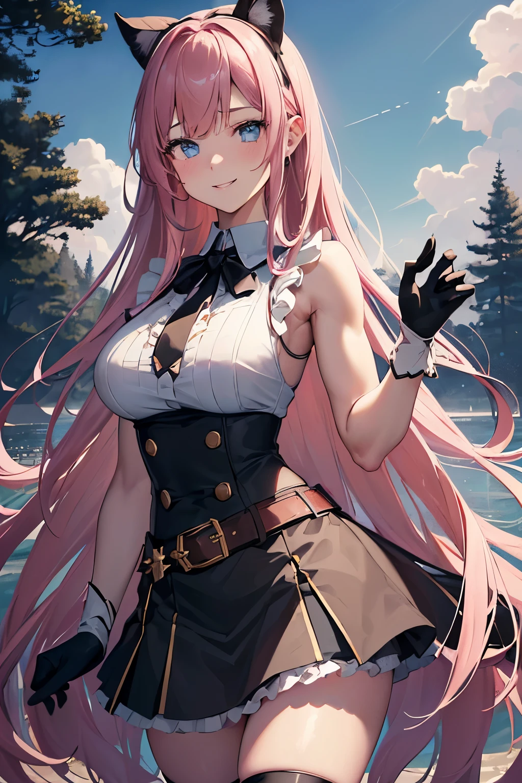 high resolution, (masterpiece), 4k, portrait, ((from front)), (upper body), 1girl, ((detailed long flowing pink_hair adorned with black_ribbons)), (bright sky_blue_eyes), (c-cup breasts), wide hips, long legs, (sleeveless_white_polo_shirt), frilled_black_skirt, ((brown_belt emblazoned with black_stars on both sides of the belt's buckle)), (white_knee_socks secured by black_ribbons), ((white_arm-length_gloves with black_ribbon tied around biceps)), happy grin, blush, (relaxed pose), evening, sunfall, japanese park background with trees and fountain