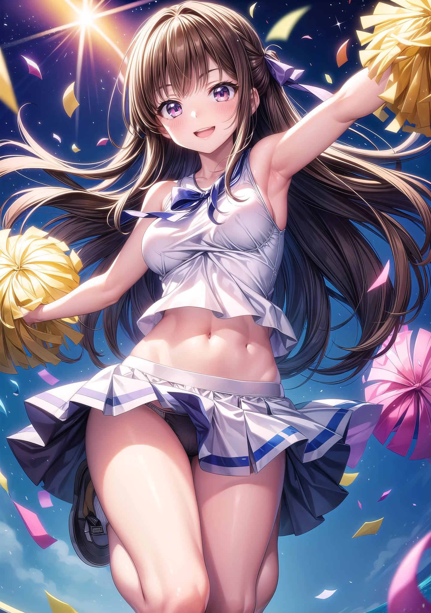 (highest quality:1.2), masterpiece, High resolution, perfect lighting, Lens flare, Cheerleader, jump, long hair, brown hair, C cup breasts, holding a pom pom, gush, Sleeveless with wide open chest, Brilliant, fine eyes, Underwear fully visible skirt that bounces energetically, break ((colorful confetti)), stadium, nice, sparkling, effect、Underwear fully visible、sexy、smile、extraordinary smile、cute、cute