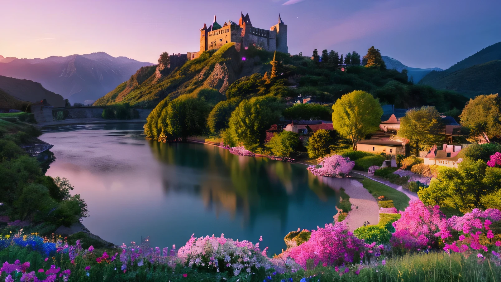 masterpiece ,night view, european castle, Pink sheep, Colorful fantasy world landscape, river flowing in the background, flowers blooming in the distance, Mountain, mysterious ancient ruins, sunlight shines in