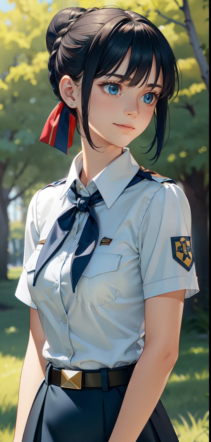 very young slim fit girl, full height, rounded face, big blue eyes, shy smile, perfect flat breast, pioneer neckerchief, micro tight blue pleated skirt, bangs, tight white shirt, short sleeves, collared shirt, belt, red neckerchief, breast pocket, braid, hair ribbon, blue ribbon, short hair, hair bun, saber