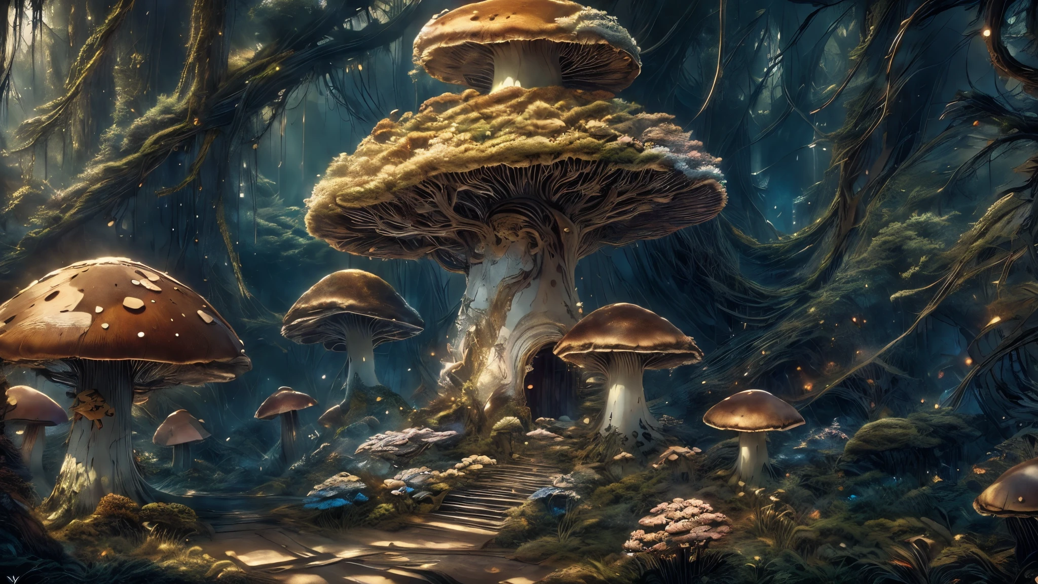 ((Masterpiece), best quality, 8k, magical atmosphere, forest, majestic trees, colorful mushrooms, marble and ceramic central square, fairytale atmosphere, harmony of nature, ethereal magic, breathtaking beauty, mysterious wonder.