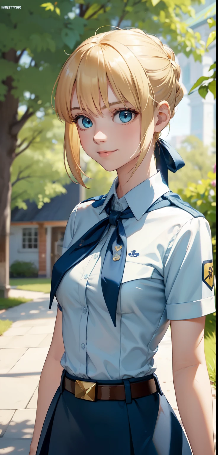 very young slim fit girl, full height, rounded face, big blue eyes, shy smile, perfect flat breast, pioneer neckerchief, micro tight blue pleated skirt, bangs, tight white shirt, short sleeves, collared shirt, belt, red neckerchief, breast pocket, braid, hair ribbon, blue ribbon, short blonde hair, hair bun, saber