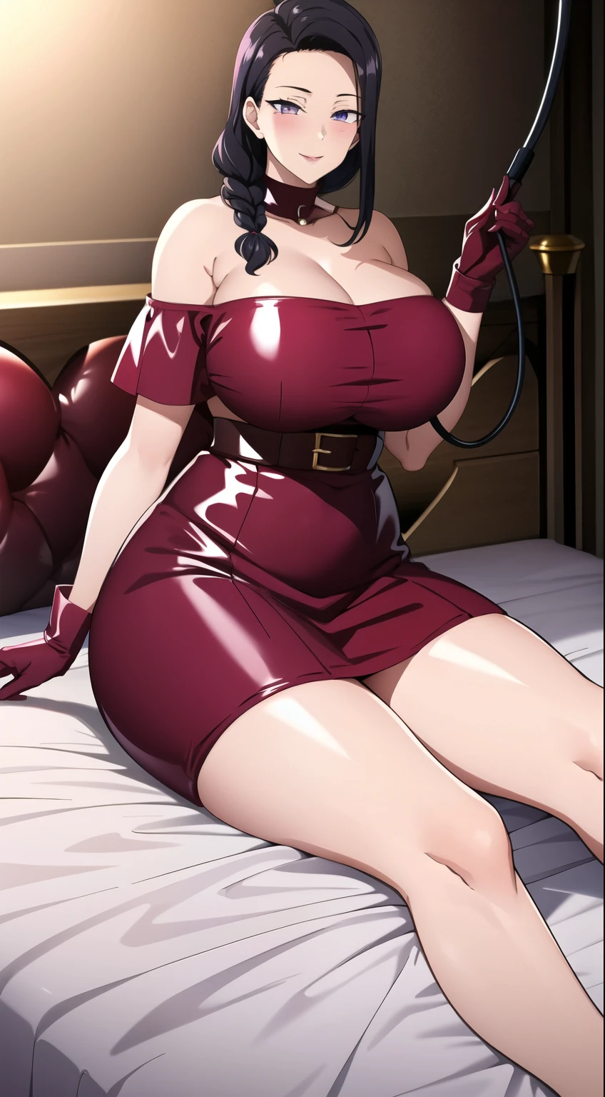 masterpiece, 1 girl, alone, long hair, Braid, looking at the viewer, big breasts, mature woman, blush, smile, black hair, lilac eyes, pink bed, mature woman, bare shoulders,Black latex gloves,red skirt,red off shoulder latex,latex skirt,latex pink shirt,latex off-shoulder shirt,have a whip,Hold the whip,latex whip,whip
