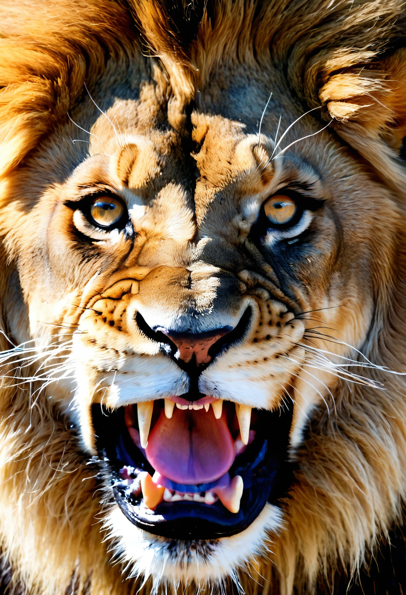 roaring lion, con su rostro en primer plano, mucho detalle en su boca