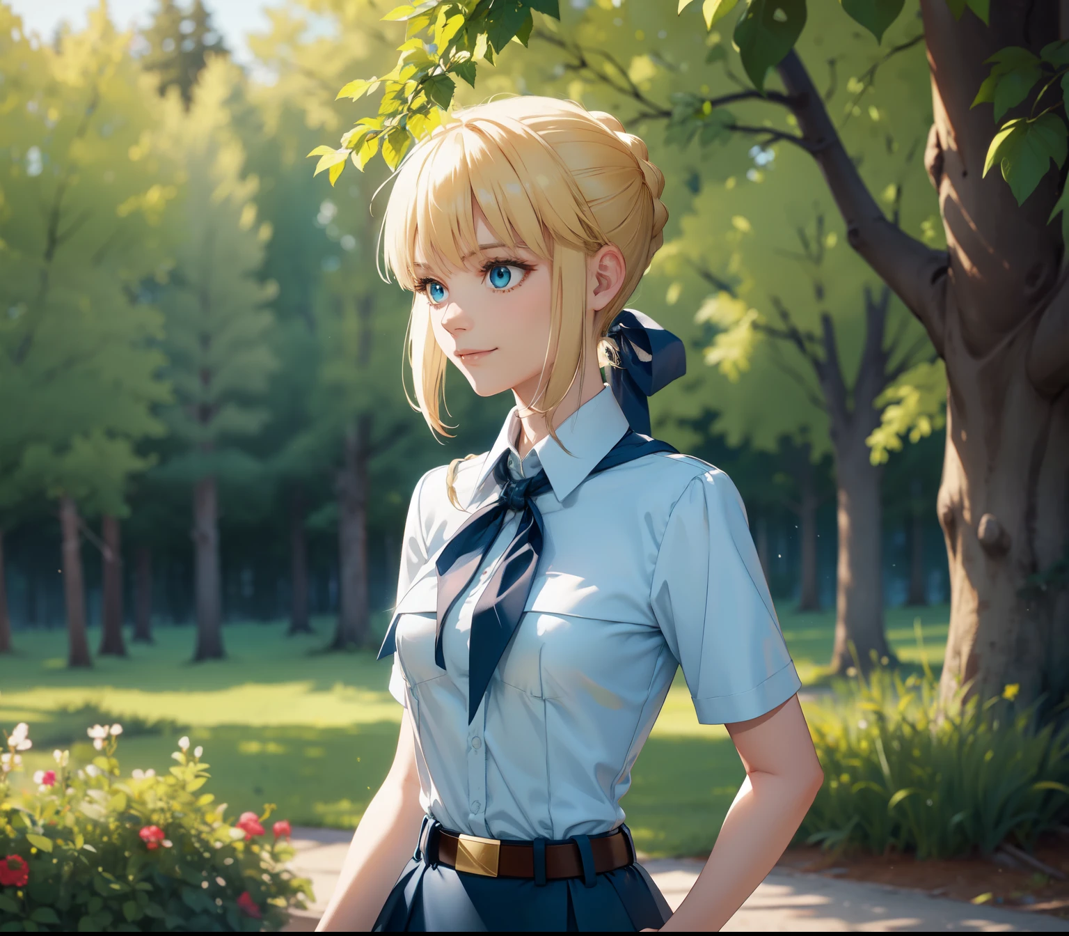 very young slim fit girl, full height, rounded face, big blue eyes, shy smile, perfect flat breast, pioneer neckerchief, micro tight blue pleated skirt, bangs, tight white shirt, short sleeves, collared shirt, belt, red neckerchief, breast pocket, braid, hair ribbon, blue ribbon, short blonde hair, hair bun, saber