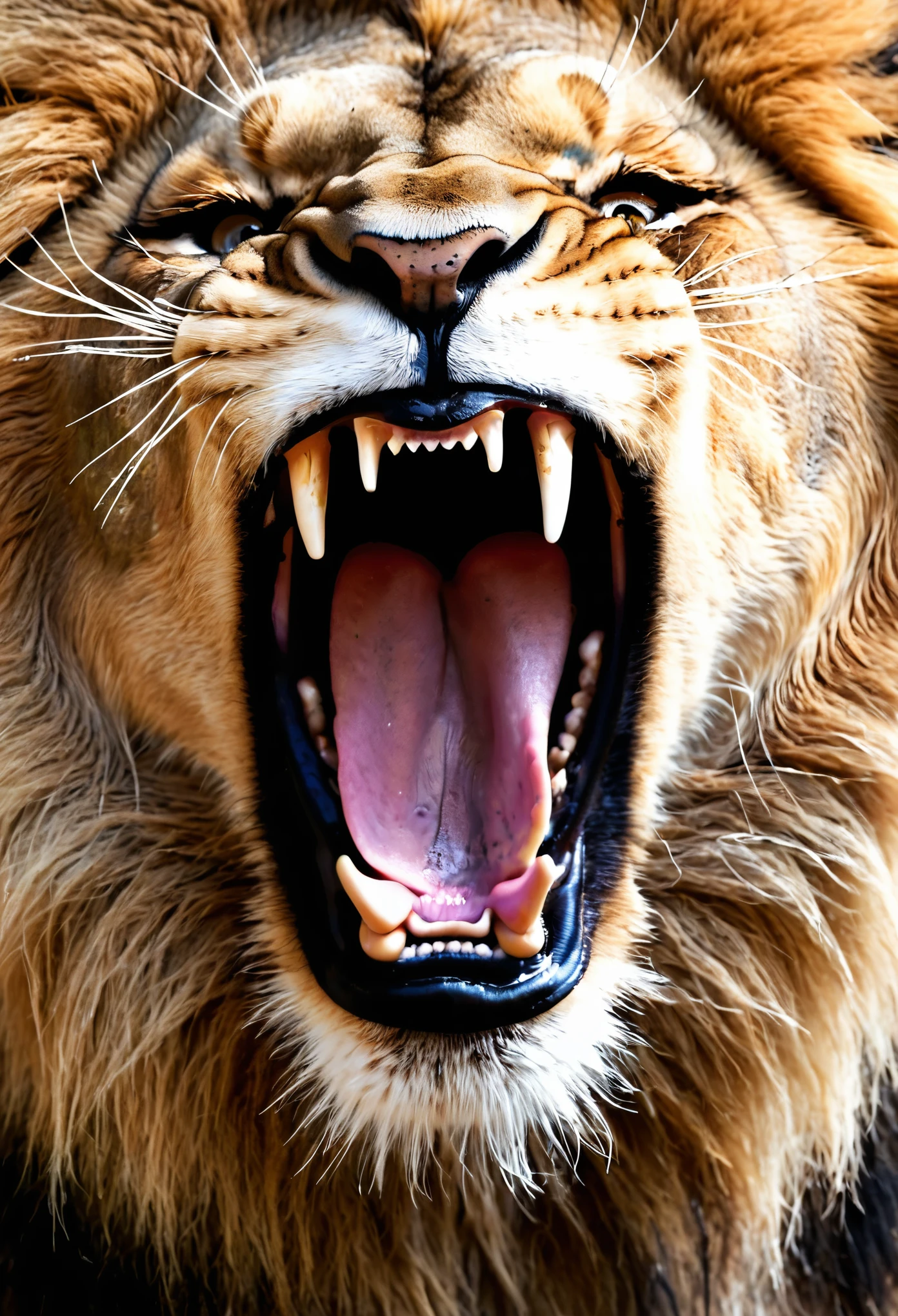 roaring lion, con su rostro en primer plano, mucho detalle en su boca