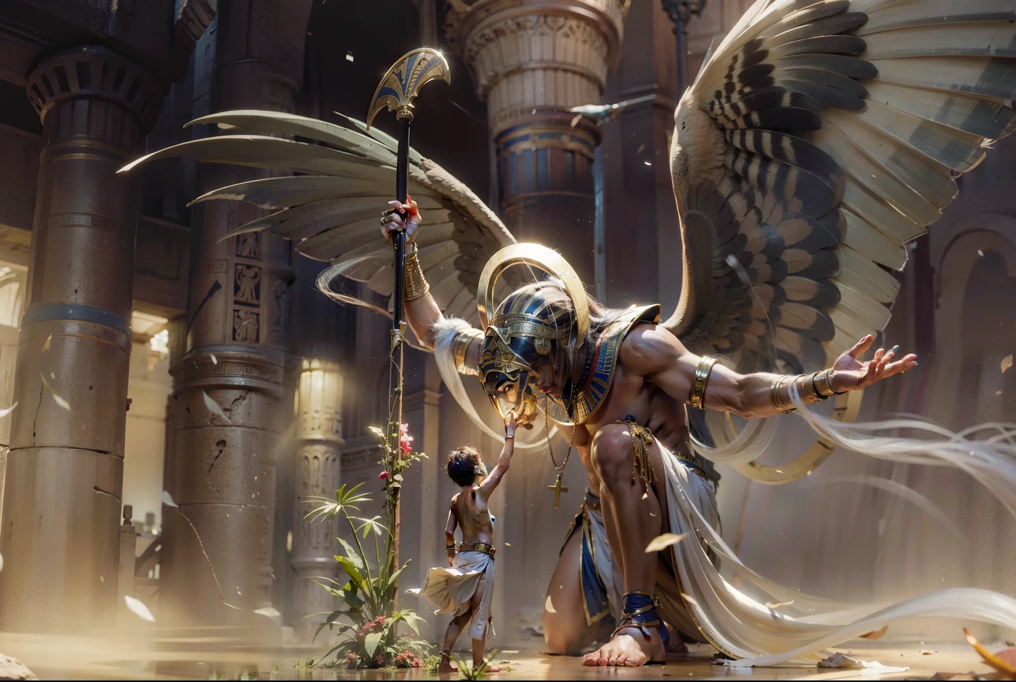 homem segurando uma espada e uma espada em um deserto, wind egyptian god, egyptian mythology, Deus do Egito, the egyptian god, egyptian god, o deus Horus, god with the head of a peregrine falcon, por Johfra Bosschart, por Marek Okon, Kemetic Symbolism, por Aleksander Gine, storm egyptian god, on the ground leaning against a giant, antigo egito, hawk head lowered, gigante com asas