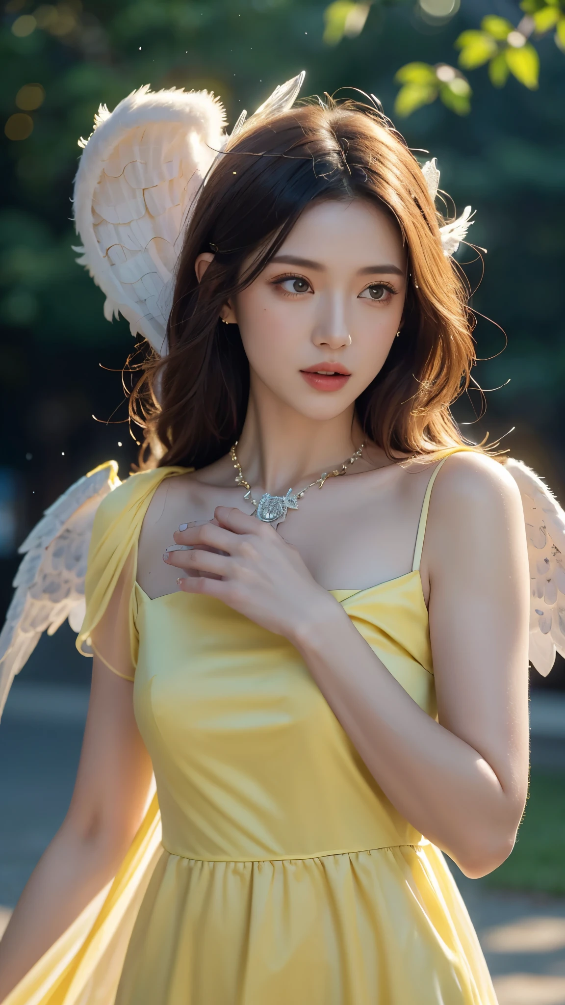8k ultra hd, masterpiece, a girl, (good face:1.4), detailed, eyes, beautiful lips, very long hair, spreading hair, small breasts, (angel dress:1.5), (yellow dress:1.5), necklace, wings, in the park, flying birds, glowing:1.5, rainy weather,