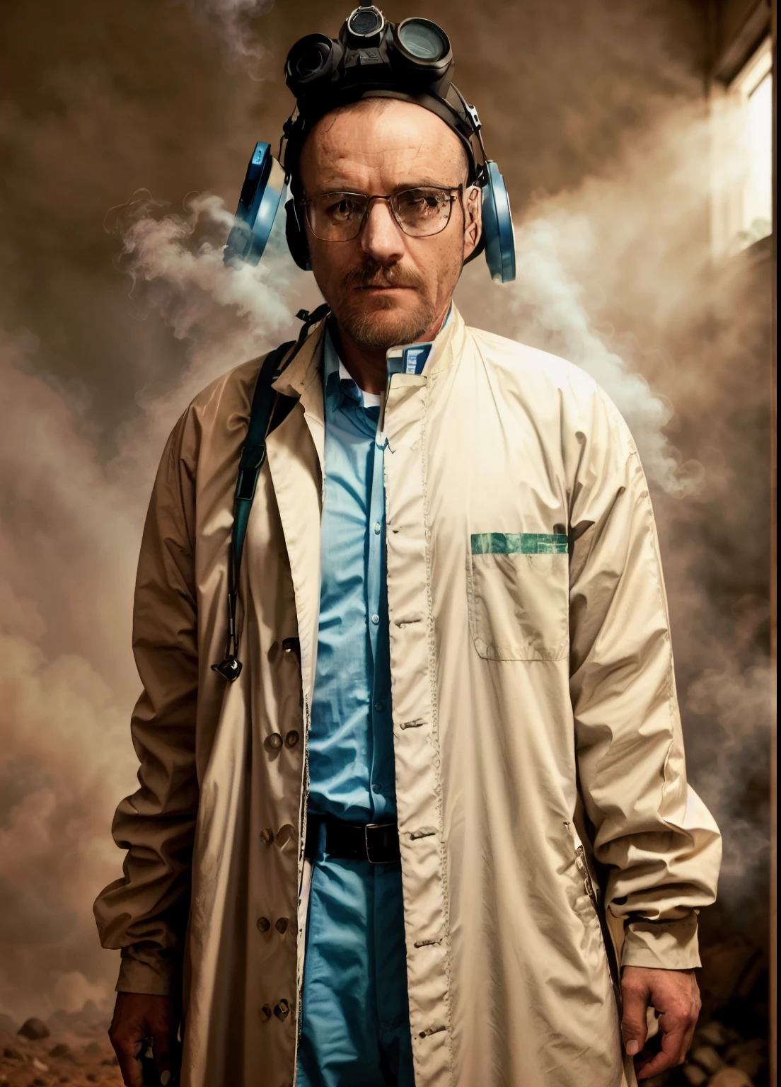 A stunning color photo of a man&#39;s upper body wearing glasses, (wearing a lab coat and a gas mask on his head), Careca,
epic character composition,
por Ilya Kuvshinov, Alessio Albi, Nina Masic,
sharp focus, natural lighting, Subsurface Dispersion, f2, 35mm, Film grain and smoking weed 