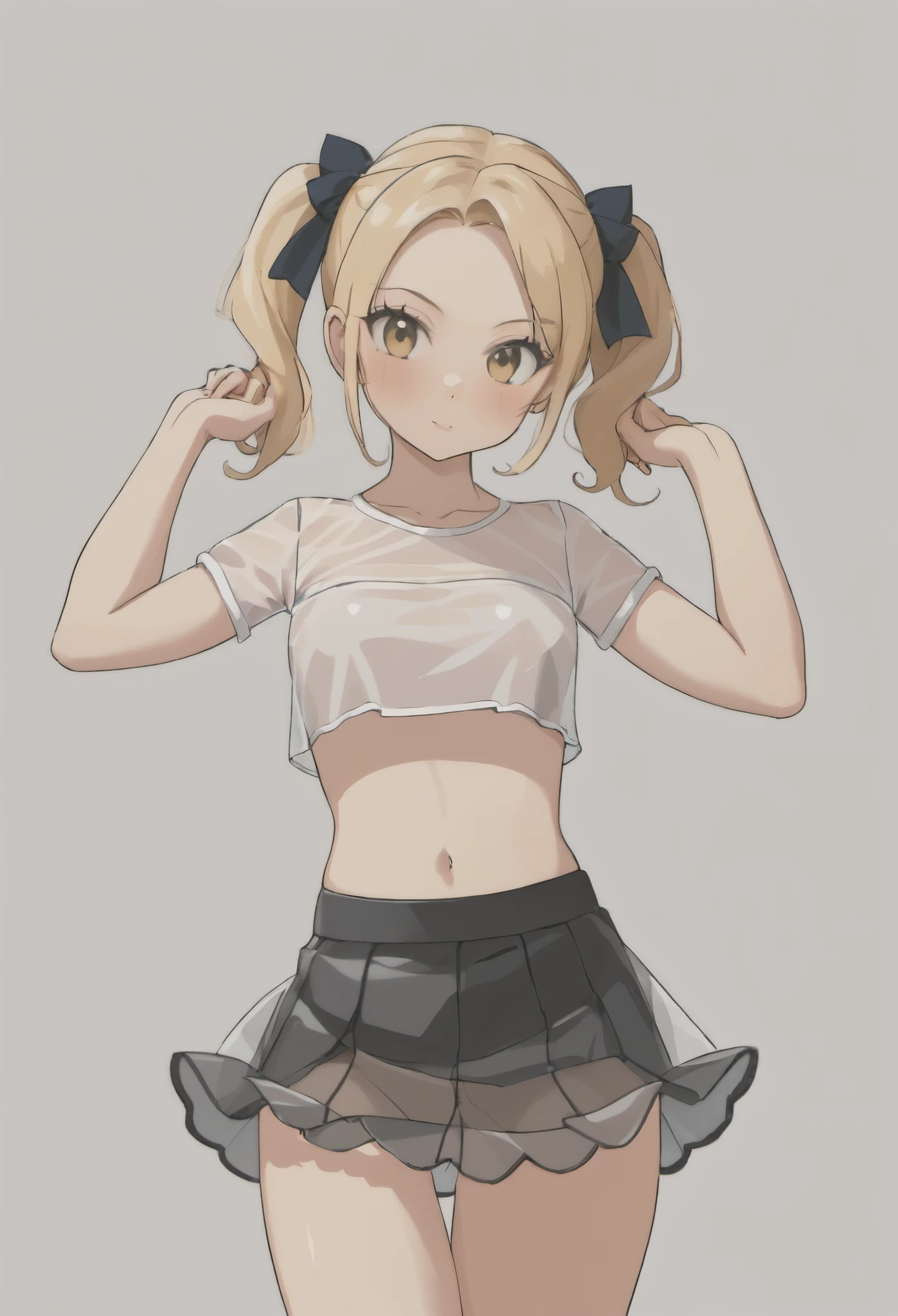 masterpiece, best quality, highres, absurdres, 8k, 4k, official art, 1girl, tsundere, blonde hair, twintails, victory pose, lotus position, small crop top, very small Miniskirt, see-through panties