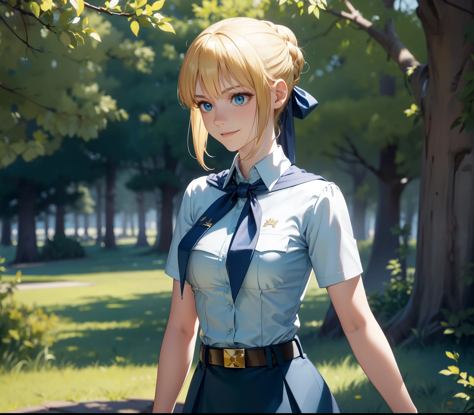 very young slim fit girl, full height, rounded face, big blue eyes, shy smile, perfect flat breast, pioneer neckerchief, micro tight blue pleated skirt, bangs, tight white shirt, short sleeves, collared shirt, belt, red neckerchief, breast pocket, braid, hair ribbon, blue ribbon, short blonde hair, hair bun, saber