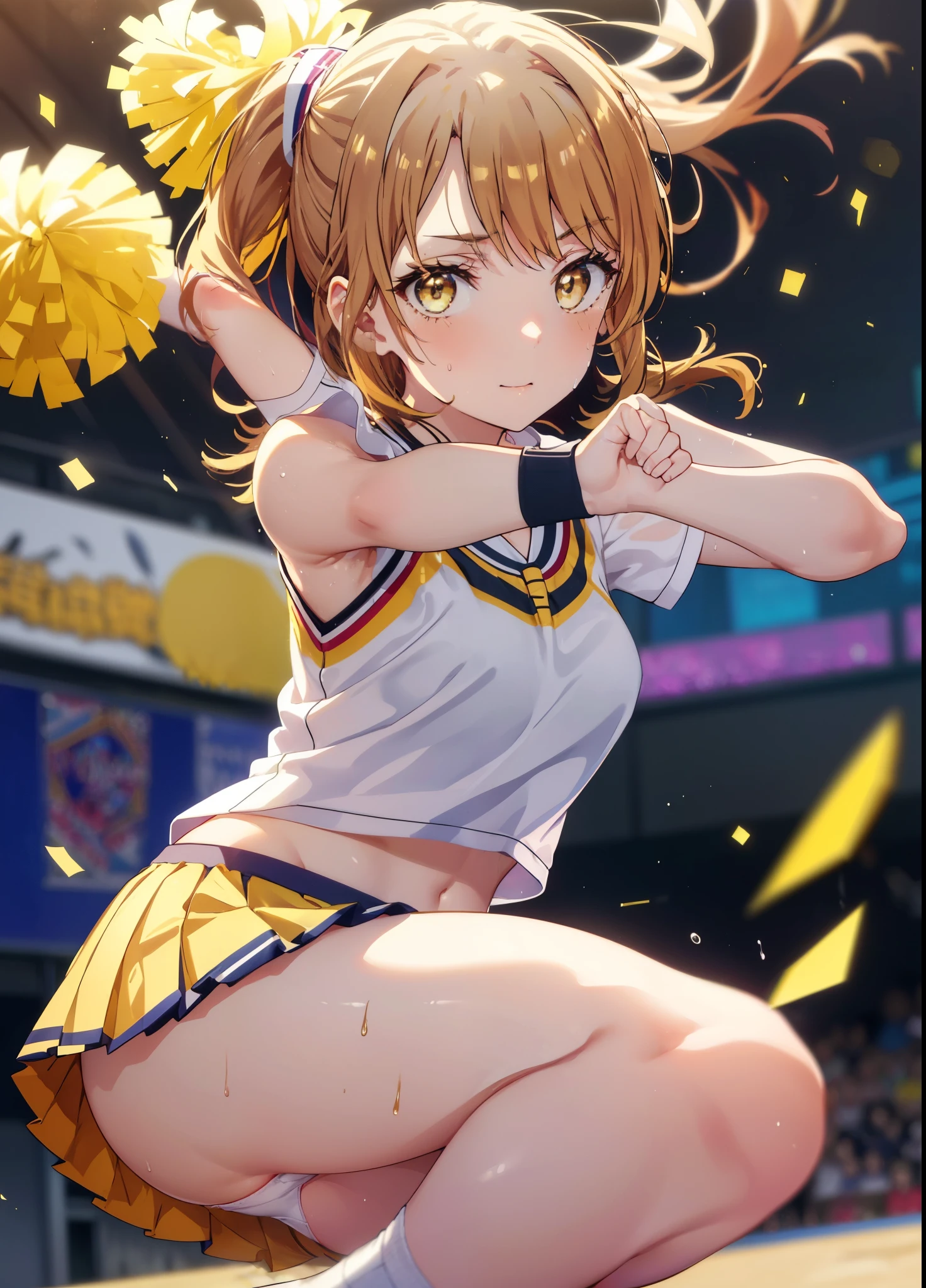 irohaisshiki, Isshiki Iroha, long hair, ponytail,brown hair, (brown eyes:1.5), smile,close your mouth,(Very delicate eyes), (Cheerleader), (whole body), big breasts, lower, (sweaty), sweaty Wet Clothes, (yellow clothes), pleated skirt, striped socks,sneakers,navel support,wet panties, white panties, playground, (jump), (jump), bend your legs and jump,Cheerleader, pom pom \(Cheerleader\), break outdoor ,arena,運動場
break looking at viewer,
break (masterpiece:1.2), highest quality, High resolution, unity 8k wallpaper, (shape:0.8), (beautiful and detailed eyes:1.6), highly detailed face, perfect lighting, Very detailed CG, (perfect hands, perfect anatomy),