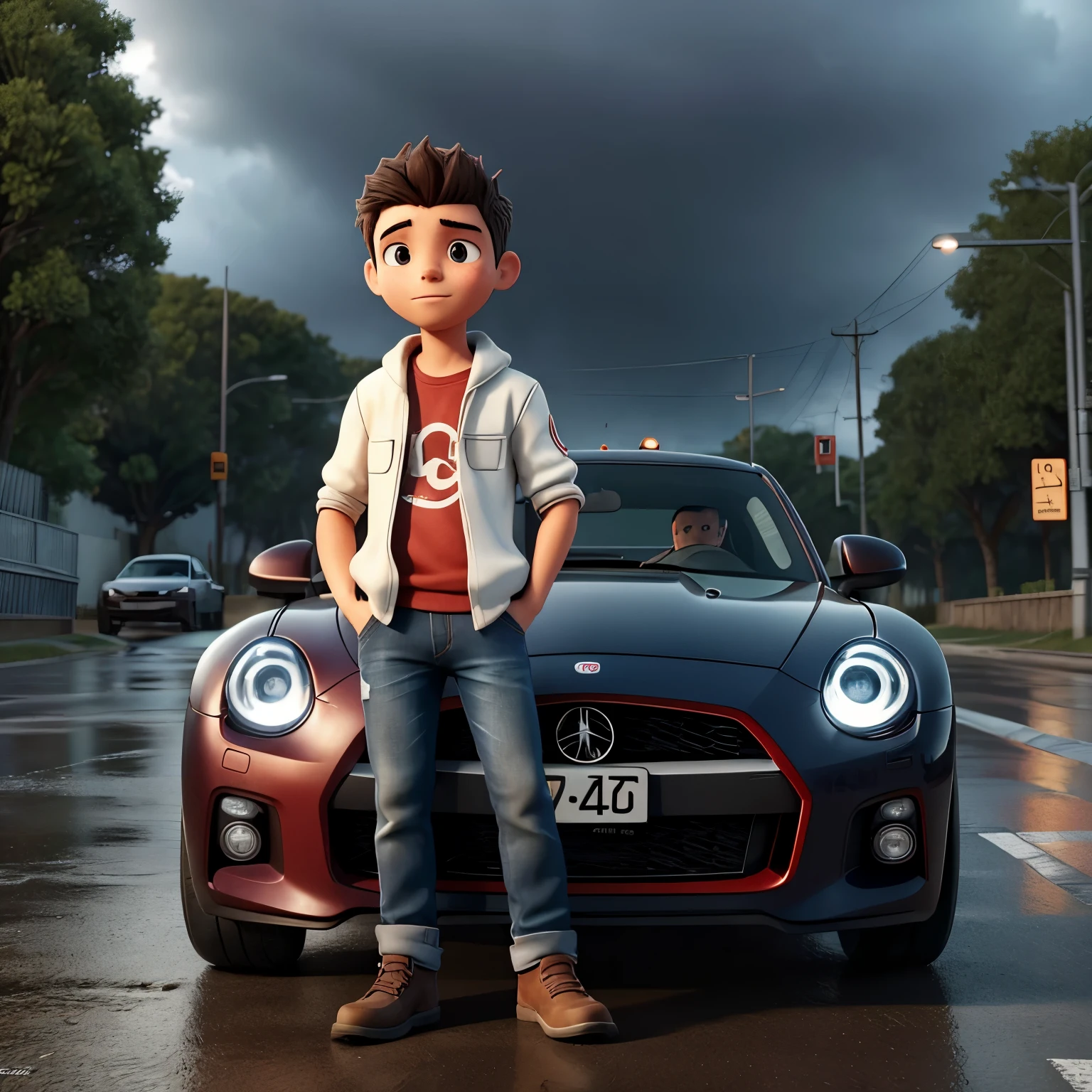 Describe la escena de un joven con capucha., vistiendo una sudadera roja y jeans, parado en la acera en una noche lluviosa. He is looking at a shiny dark red GTR R35 car passing by on the road.., Your admiration visible in your eyes.. La luz de los faros se refleja en los charcos de agua que te rodean., while the rain falls softly on him. El sonido del potente motor resuena en el aire., mixing with the sound of the rain. The remains motionless., capturado por la elegancia y la velocidad del coche, Dreaming of the day when you can be behind the wheel of such an impressive machine..