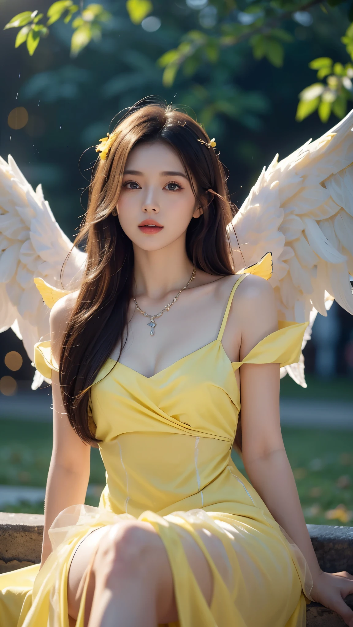 8k ultra hd, masterpiece, a girl, (good face:1.4), detailed, eyes, beautiful lips, very long hair, spreading hair, small breasts, (angel dress:1.5), (orange dress:1.5), necklace, wings, in the park, flying birds, (glowing:1.5), rainy weather,