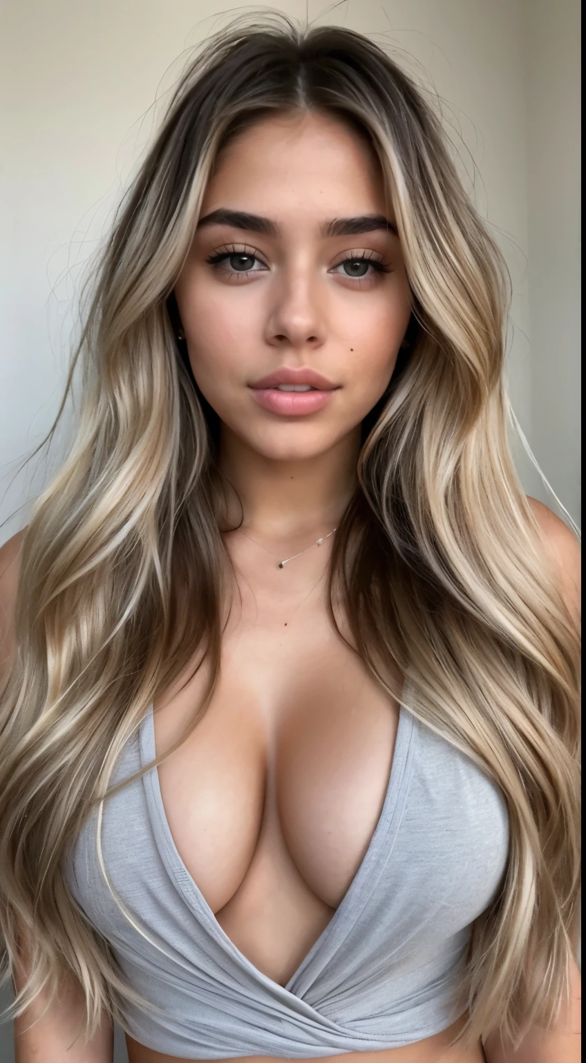 A 22-year-old blonde woman, ((pechos grandes)), ((hiperrealismo)) ,. blonde hair with light brown roots. cabello rubio, Hair with brown roots, cabello extra largo, cabello muy largo, really long hair, Beautiful, seductive face, high quality, cleavage, grey eyes, madison beer face