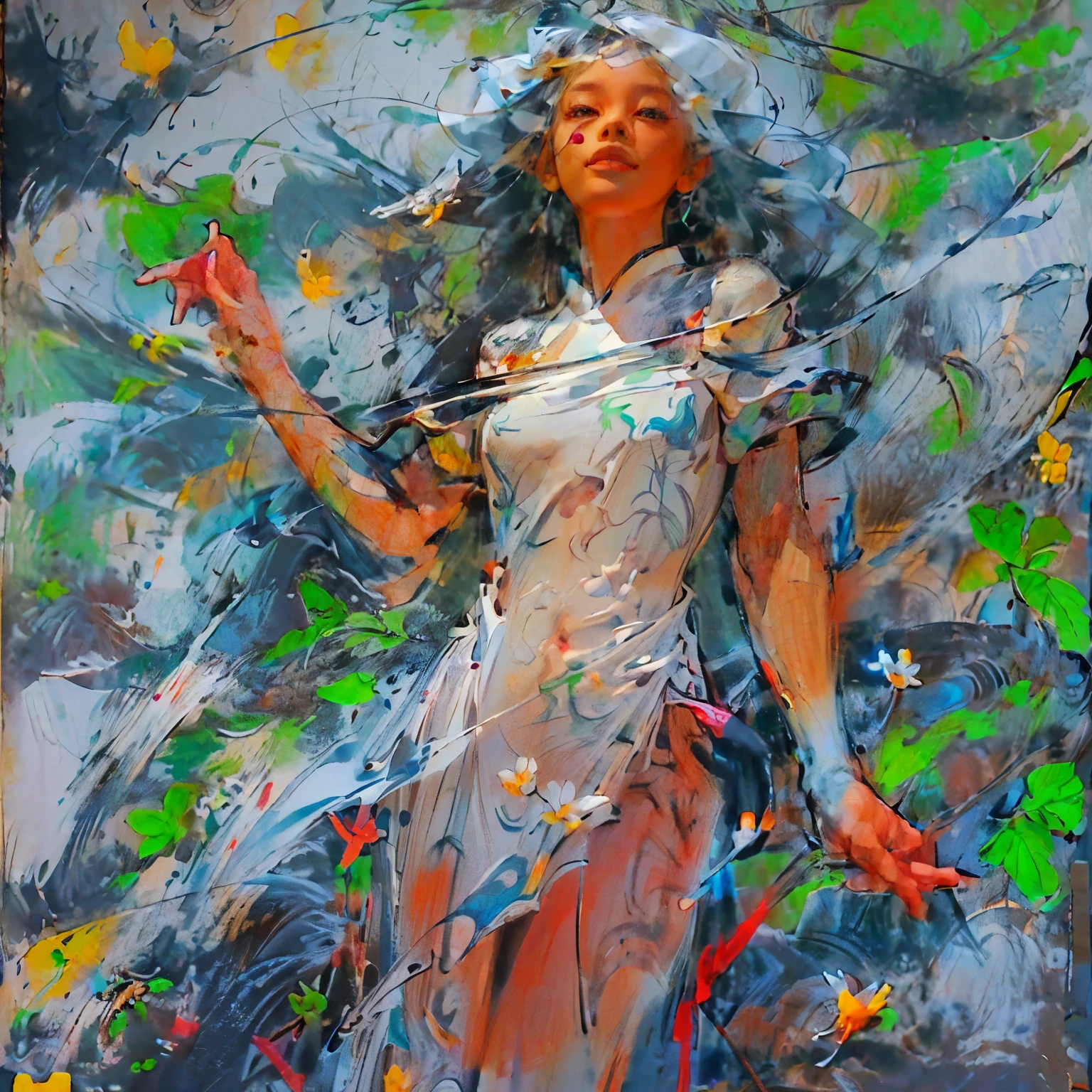 ((Create), (highest quality, masterpiece, outstanding work of art), (young girl alone, white hair, white skin, scarlet lips-smile; black, expressive playful eyes, long eyelashes), (black translucent - chiffon dress , golden line, very short), (seductive body, small beautiful breasts, genitals), (dynamic pose, hair flying in the wind, half a turn, look at the viewer, stylish girl model)). ((Oil painting, sketch setting, outstanding craftsmanship, oil painting, plein air executed by the master’s hand), (daylight, soft warm shadows, contrasting cold light, reflexes, refraction, tracing)). ((Background - blooming irises; (violet, yellow, blue, white), (green petals, shoots, birds, splashes of water)). ((Highest quality workmanship, realism, plein air, oil painting, modern brushwork, master's hand, clear correct anatomy, grace, ease of execution), (HD quality, clear focus)).