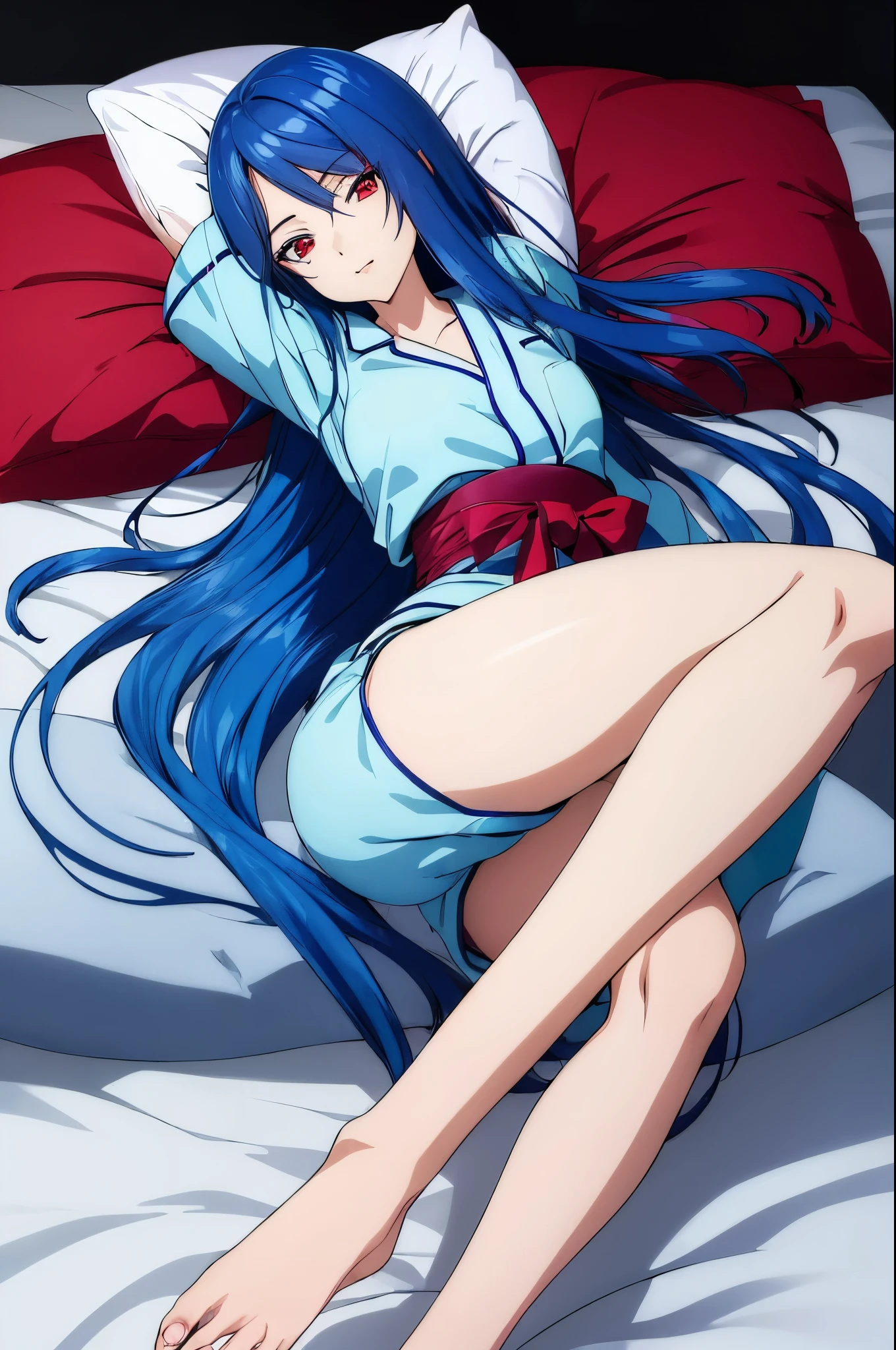 (japanese woman,one person,anime style,Full color CG image:1.5),
BREAK,
(blue hair,long hair,straight hair,red eyes,slanted eyes,thin waist:1.5),
BREAK,
(pajamas,かわいいpajamas:1.5),
BREAK,
(front,whole body,wide angle of view:1.5),
BREAK,
(lying in bed,night,dark room,pillow under head:1.5),
BREAK,
(perfect face,perfect hands,perfect legs,perfect fingers,detailed facial features,Detailed garment features:1.5),