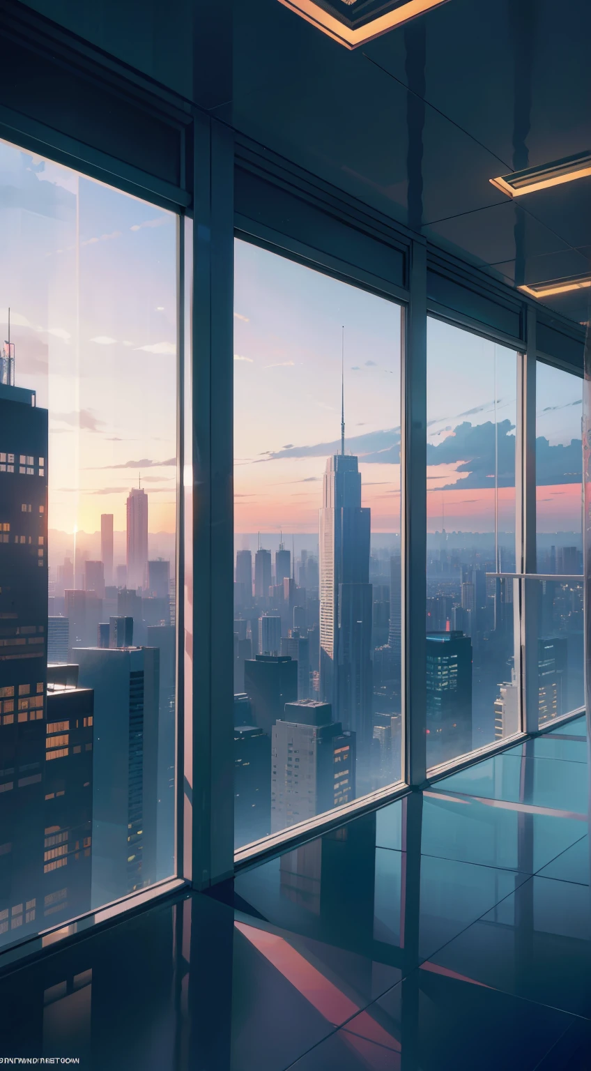 Office inside a tall modern skyscraper, marble floor, large panoramic window with blinds, view of the evening city in the rays of the setting sun, skyscrapers outside the window, City of the future, evening time, cyberpunk style,