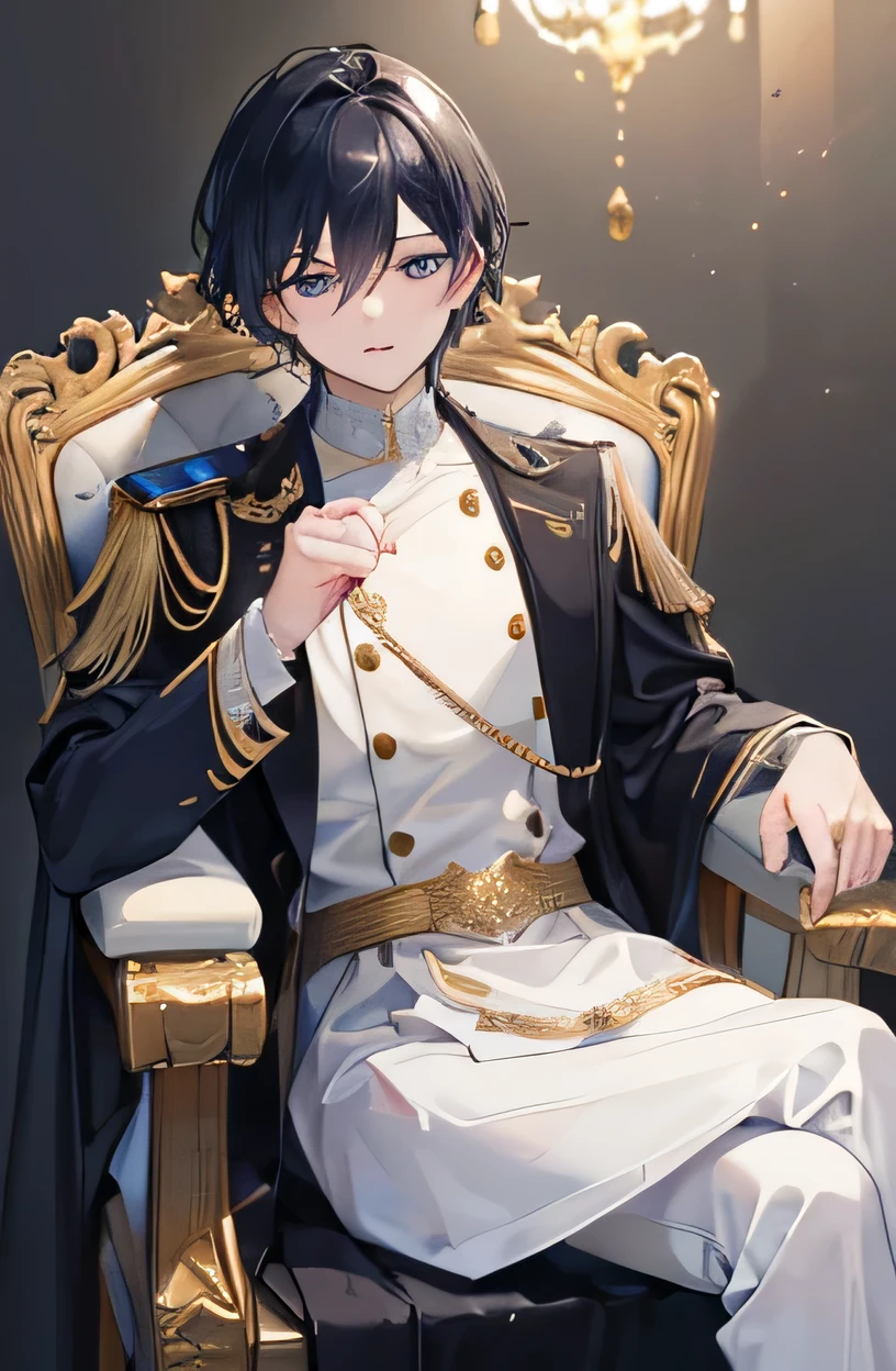 (best quality,4K,8K,high resolution,chef-d'Ouvrages d'art:1.2), ultra-detailed, realistic, boys sitting on a golden throne, Boy with black and slightly dark blue hair, handsome boy, handsome boy, garçon en uniforme blanc avec une chemise noire, expression incertaine