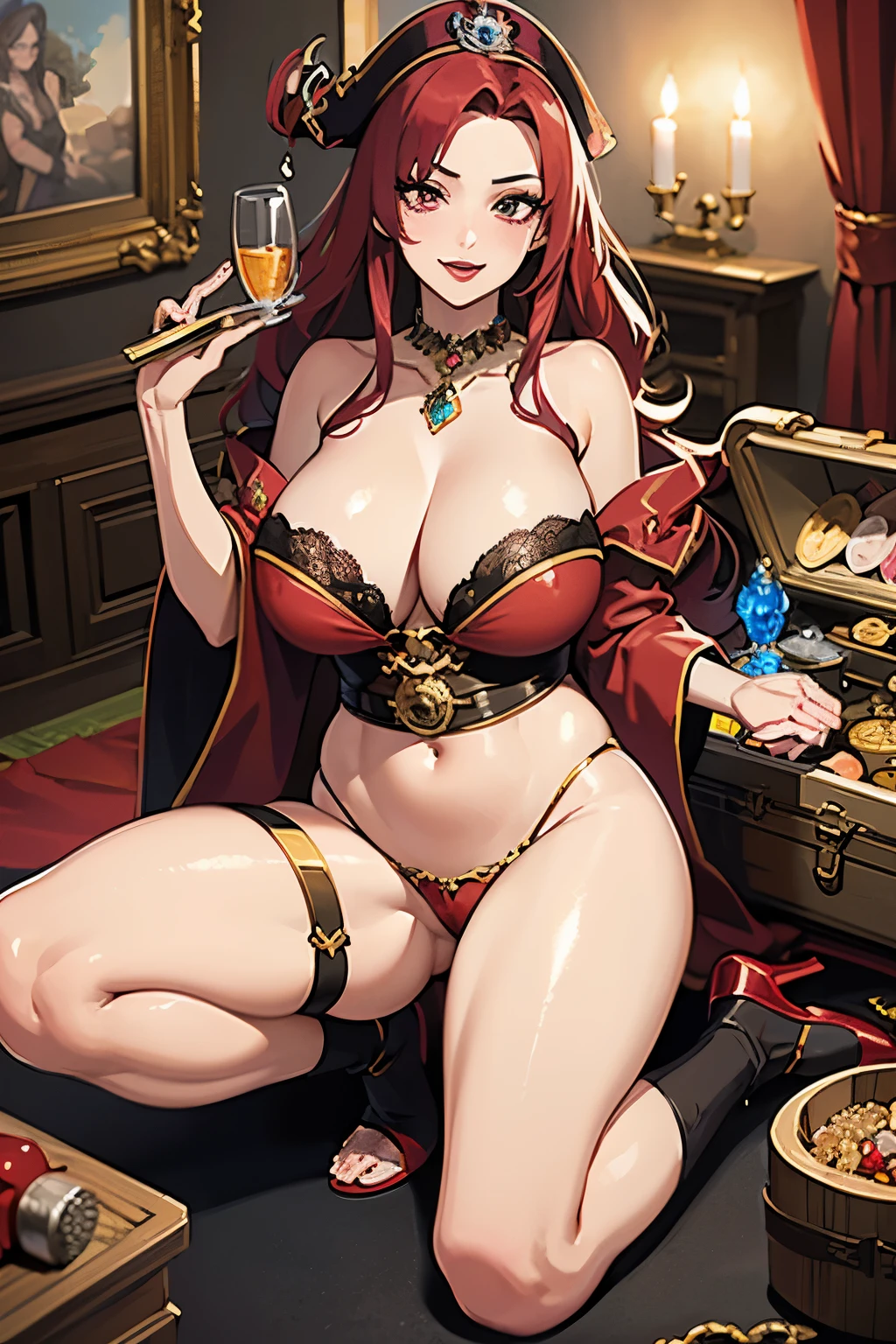 (Full body), (magical life), (huge piles) of pirate (treasures:1.1) and (assorted gemstones:1.2) and (realistic bejeweled glass phallus treasures:1.2), (crimson haired), (cute pirate queen:1.2), seductive pose, (beautiful moonlighting:1.1), candle light, (dark red glossy lipstick),, many reflections, spread legs, perfect realistic skin, (super detailed torn pirate outfit:1.2), lots belts and gemstone jewelry, (laying against a treasure chest:1.2), realistic coins, fine noble robes, long clear glass phallus, (detailed face and eyes:1.2), (huge breasts:1.1), (busty), (deep cleavage:1.1), (labia outline:1.2), (teat outline:1.2).