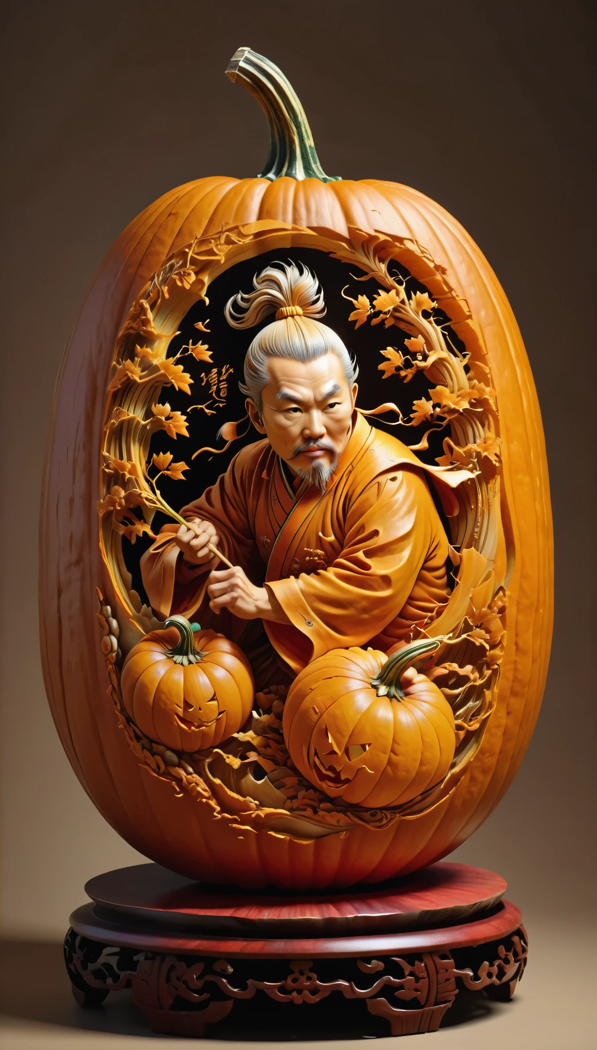 Pumpkin Carving design style, dynamic illustration by Qi Baishi and Chen Longque and Chen Dingbo Carved on Pumpkin, octane render, (best quality, masterpiece, Representative work, official art, Professional, 8k:1.3)