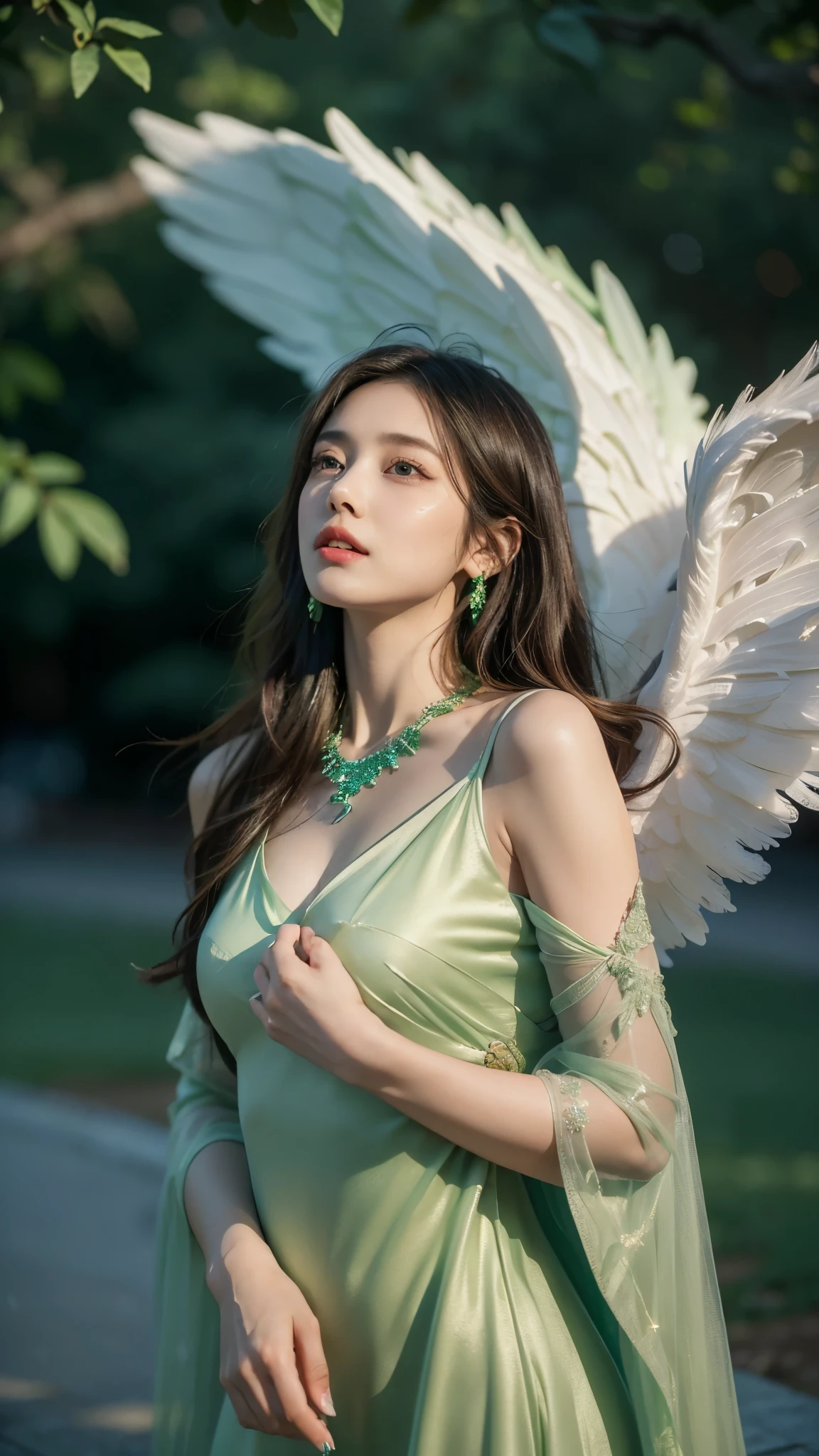 8k ultra hd, masterpiece, a girl, (good face:1.4), detailed, eyes, beautiful lips, very long hair, spreading hair, small breasts, (angel dress:1.5), (green dress:1.5), necklace, wings, in the park, flying birds, glowing:1.5, rainy weather, 