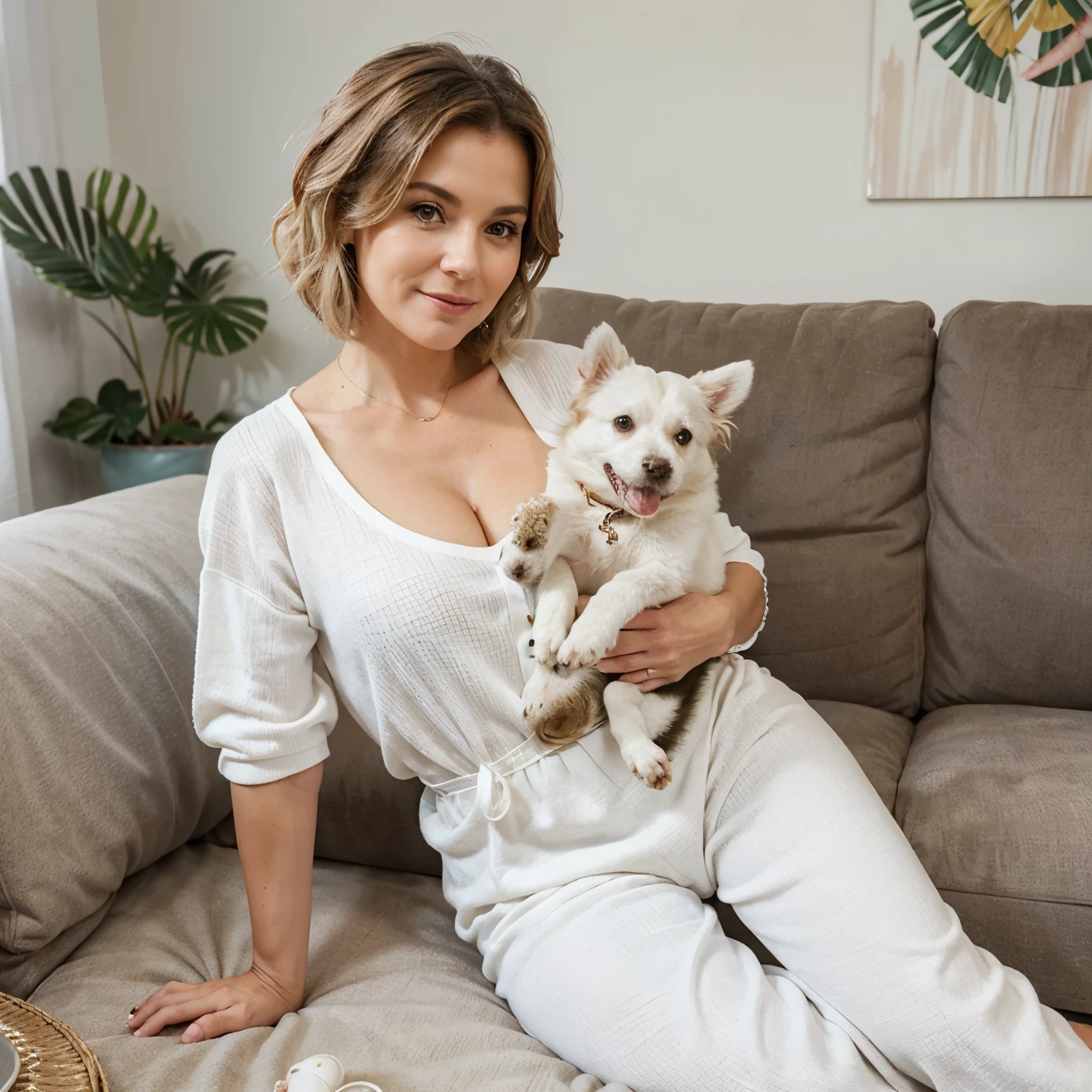 photo of a beautiful granny milf in a random complete outfit, random  exotic location, holding a cute dog , cute white dog, white couch, home background, exotic home, attractive, real photo, realistic photo, realism, photorealism, real human.