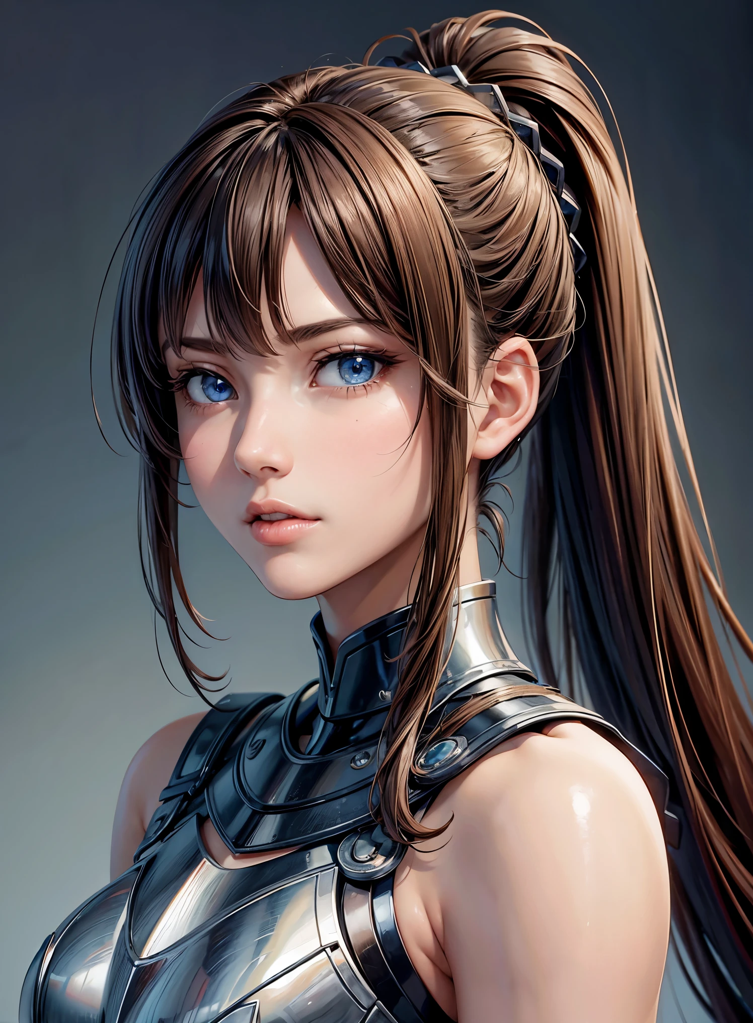 (masterpiece:1.3), High resolution, Super detailed, Highly detailed CG Unity 8k wallpaper, realistic, photo-realistic, RAW photo, beautiful and detailed face, white skin, realistic glistening skin, fine fabric texture, detailed hair texture, perfect body, beautiful face, Accurate, anatomically correct, Highly detailed face and skin texture,beautiful face、one girl, cute, ((brown hair、ponytail, deep blue eyes: 1. 2)), shiny hair, thick bangs, female knight, female protagonist wearing armor 、