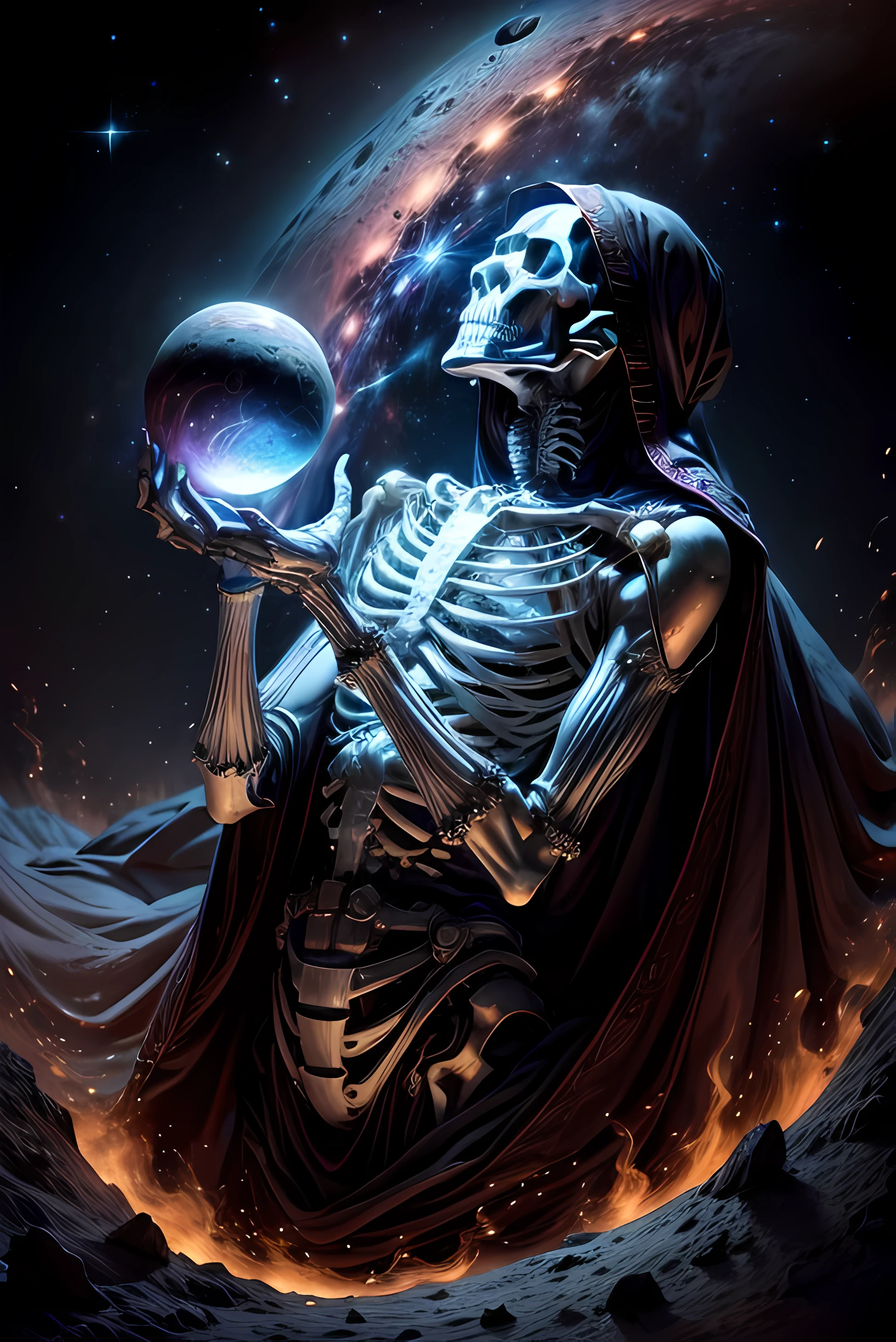un esqueleto, adornado con joyas antiguas y sosteniendo un orbe celestial, Observe the cosmos with a sense of wonder and awe., tocando el tejido mismo del universo. His skeletal fingers leave trails of stardust as he explores the infinite expanse., sus ojos hundidos brillando con el conocimiento del cosmos. El universo se inclina ante su toque., Swirling galaxies line up before him in a fascinating dance of creation and destruction..