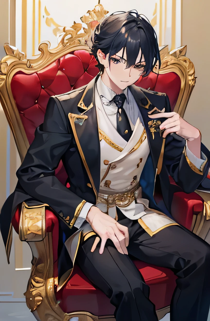 (best quality,4K,8K,high resolution, chef-d'ouvrages d'Art:1.2), ultra detailed, realistic, boys sitting on a golden throne, Boy with black and slightly dark blue hair, handsome boy, handsome boy, garçon en uniforme blanc avec une chemise noire, expression incertaine, elegant pose, handsome prince sitting on a throne, emperor sitting on his golden throne