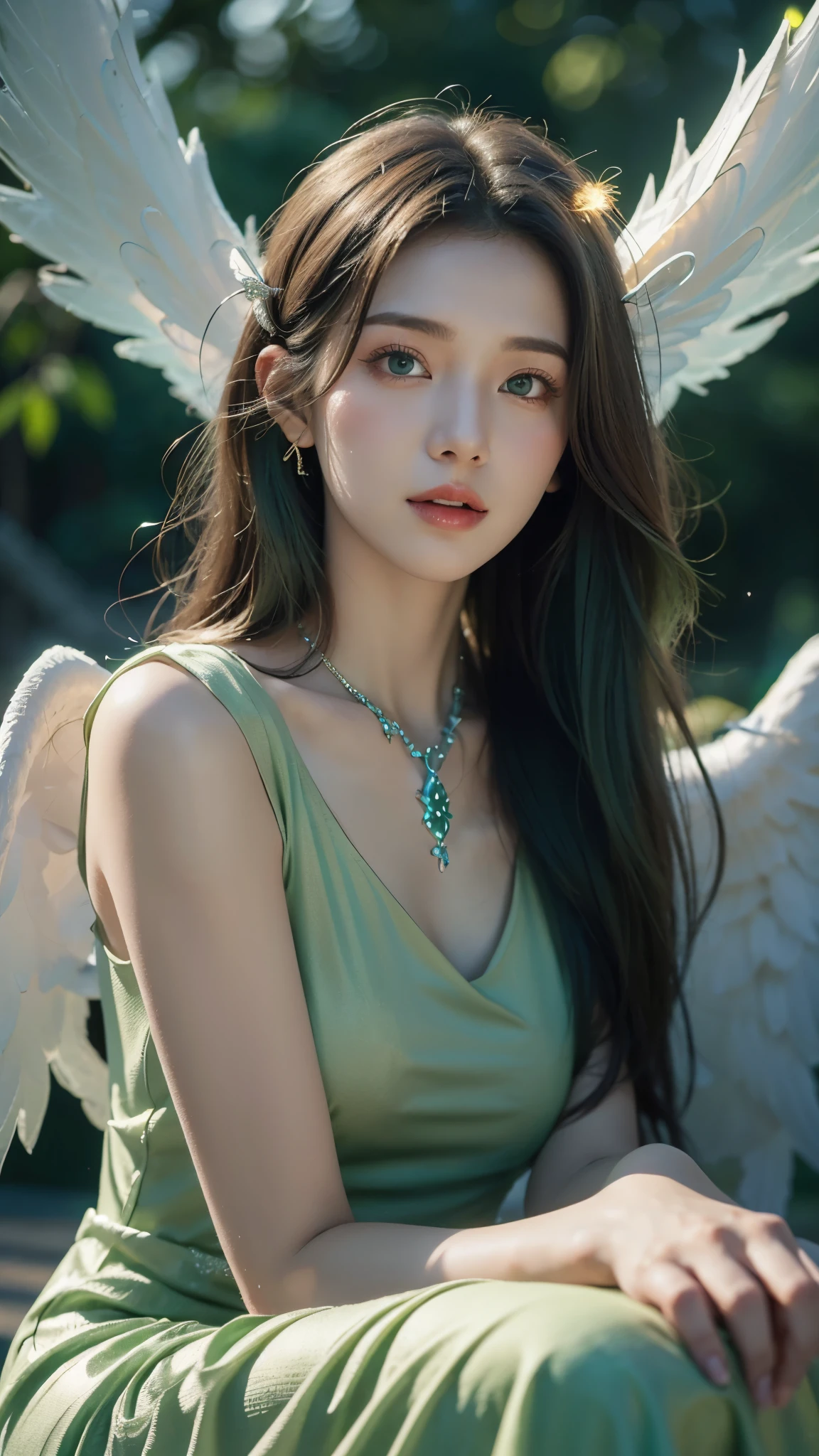8k ultra hd, masterpiece, a girl, (good face:1.4), detailed, eyes, beautiful lips, very long hair, spreading hair, small breasts, (angel dress:1.5), (green dress:1.5), necklace, wings, in the park, flying birds, (glowing:1.5), rainy weather, sitting,