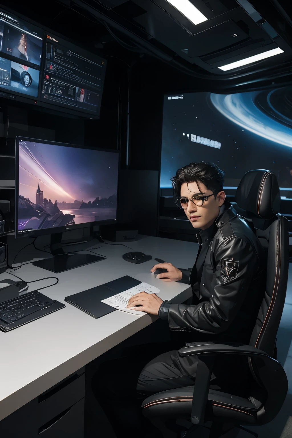 Morpheus from the movie "The Matrix" sits in an authoritative yet relaxed pose behind a meticulously designed, futuristic computer desk. The desk exudes a top-quality craftsmanship with sleek lines and a glossy finish. Multiple state-of-the-art monitors are positioned behind him, forming an impressive wall of technology. Each monitor displays a different social media platform, including YouTube, TikTok, Instagram, Facebook, and WhatsApp, symbolizing Morpheus' deep understanding and control over the digital realm.

In the background, a mesmerizing visual juxtaposition unfolds. The vast expanse of outer space stretches out, dotted with celestial bodies and swirling galaxies. Alternatively, a sprawling cityscape may sprawl behind him, with towering skyscrapers and bustling streets capturing the