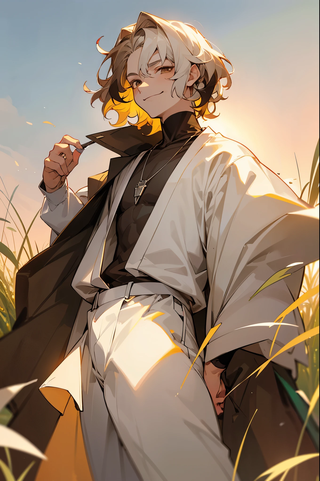 1male , white Eyes , short hair , wavy hair, young male , white hair, grassy background, smirk ,silver necklace, sunset, white outfit,Two tone hair, pale blonde and brown hair color, multicolored hair
