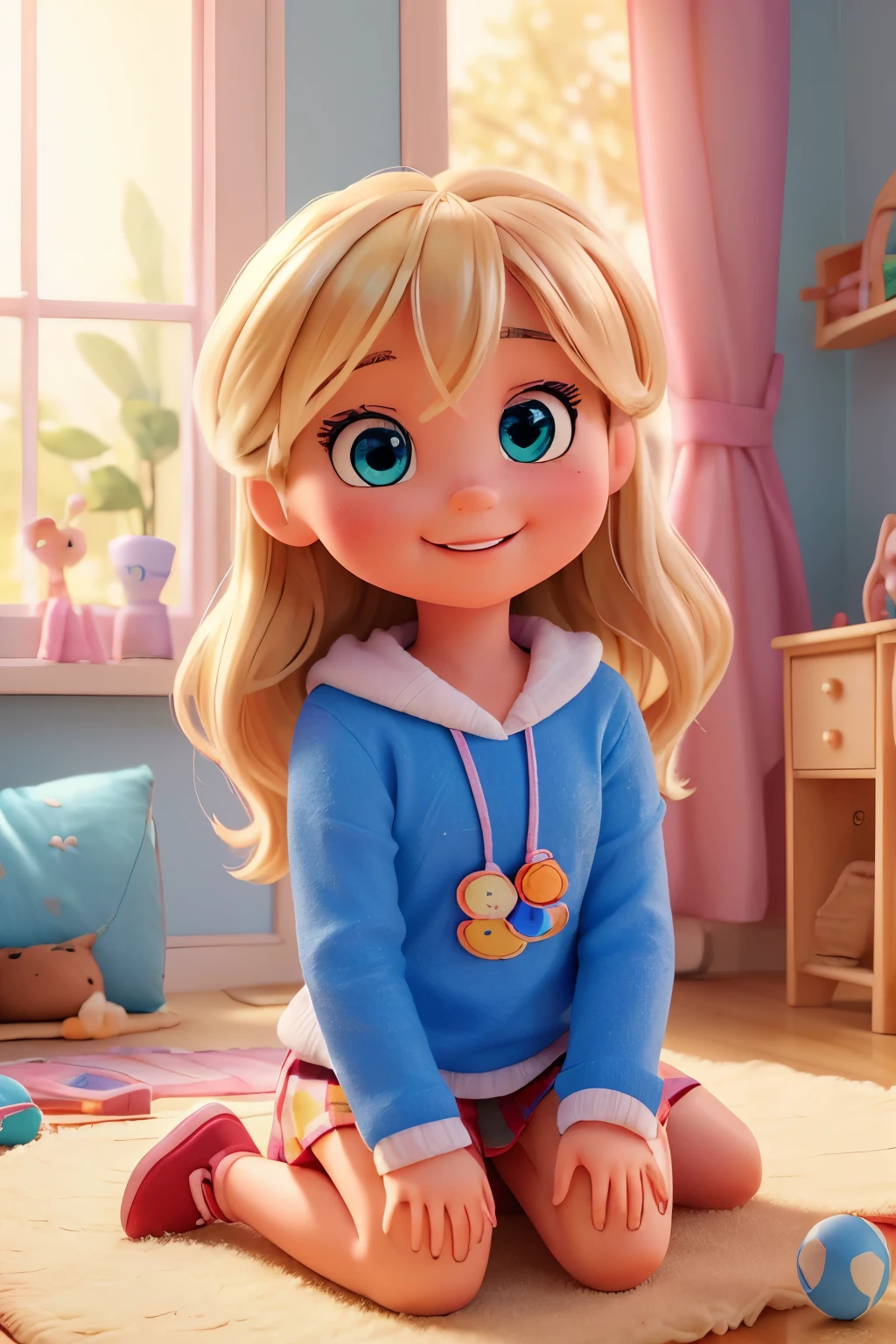 (best quality,4k,highres,masterpiece:1.2),ultra-detailed,realistic:1.37,beautiful girl with blond hair sitting,beautiful detailed smile,big blue eyes:1.1,blushy cheeks,playful girl,happy ,blond hair flowing,stylish clothes:1.1,colorful room,vibrant colors,soft light,playful shadows,joyful atmosphere,fun toys like a doll and a ball,cute kid-friendly decor,cozy room with fluffy rugs and cushions,warm sunlight streaming in from the window,airy and spacious room