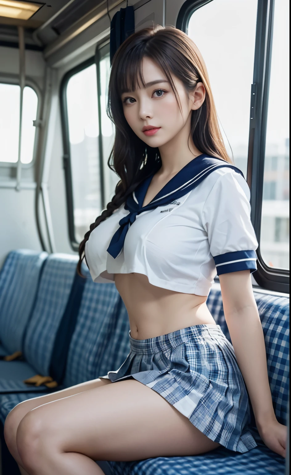 (highest quality:1.4), (hyper quality), (super detailed), Beautiful Girls, More than one person, So cute, wonderful face and eyes, esotropia, (Braiding hair:1.2), eyes are looking elsewhere, Arching your back and pushing your chest forward, (Short-sleeved sailor uniform made of white and thin fabric:1.3, Pleated micro miniskirt with light blue gingham check:1.3), (Beautiful and incredibly big breasts:1.3), (slender body:1.1), (skinny thin legs), (Very thin waist), belly button, realistic skin texture, Transparent white skin, (bangs:1.3), bright and glossy lips, Beautiful goddess descends, beautiful background, golden ratio, conceptual art, Super detailed, Accurate, advanced details, Side view of sitting inside a crowded bus, sexy art, Surrounded by the summer sunshine, bright light, Super delicate illustration details, 8K wallpaper that integrates high-definition CG, RAW photo, professional photos, cinematic lighting, written boundary depth, (No bra in uniform:1.3), (You can see the shape of the nipple protrusions through the uniform.:1.2), (The nipple protrusions lift the uniform:1.2), (Her big breasts make her uniform stretch out:1.2), I&#39;m massaging my chest and getting stuffy, Cropped tops with fluttering hems:1.3, I can see the beginnings of cleavage:1.2, (High heels on bare feet), (Underboob is visible:1.4)