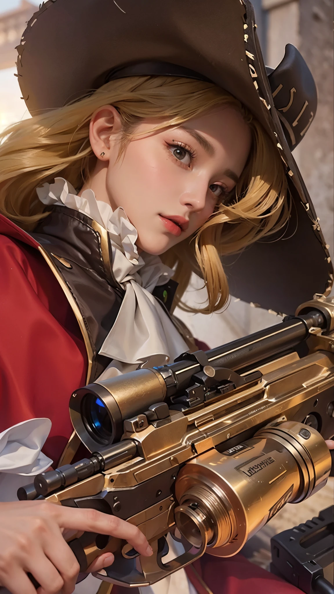 a close up of a woman with a sniper in her hand, wearing cowboy hat, blonde hair, red suit, beautiful, european