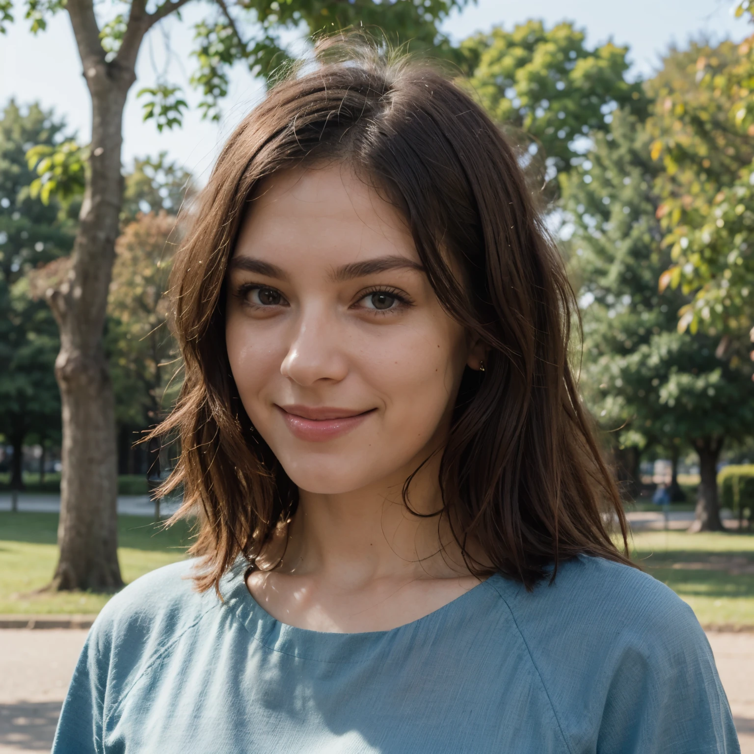 ((best quality)), ((masterpiece)), (detailed), ((medium hair)), perfect face, ((blue top)), in park, sunshine, ((smile)), far distance