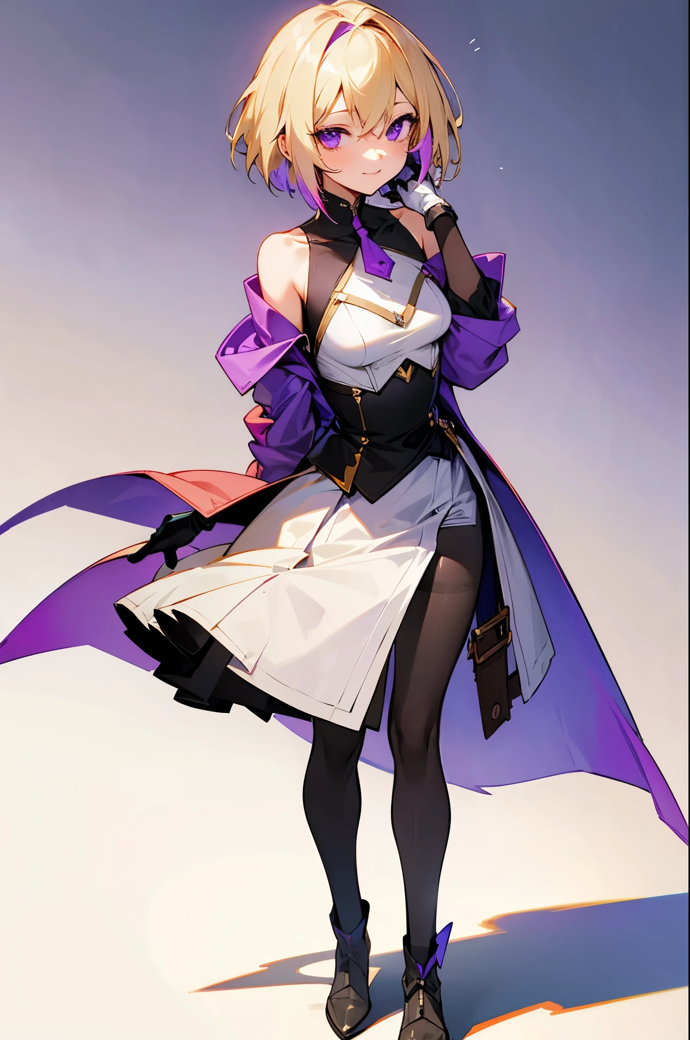 (masterpiece), best quality, expressive eyes, perfect face, 1girl solo full_body purple_eyes breasts blonde_hair short_hair multicolored_hair skirt pantyhose two-tone_hair jacket bare_shoulder hair_between_eyes elbow_gloves white_skirt small_breasts adjusting_clothes adjusting_legwear black_pantyhose thighband_pantyhose looking_at_viewer standing smile