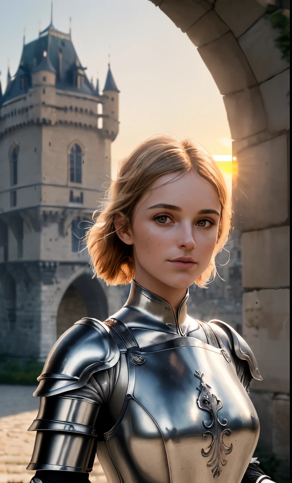 (chef-d'artwork), (extremely complex:1.3), (realistic), portrait d'une jeune fille, le plus beau dans le monde, (Medieval armor), metallic reflections, haut du corps, en plein air, soleil intense, distant castle, photographie professionnelle d'a beautiful detailed woman, Sharpness, spectaculaire, prime, cinema lighting, unreal rendering engine'octane, dtx volumetry, (grain de film, blurred background, premier plan flou, Bokeh, profondeur de champ, coucher de soleil, flou de mouvement:1.3), cotte de mailles