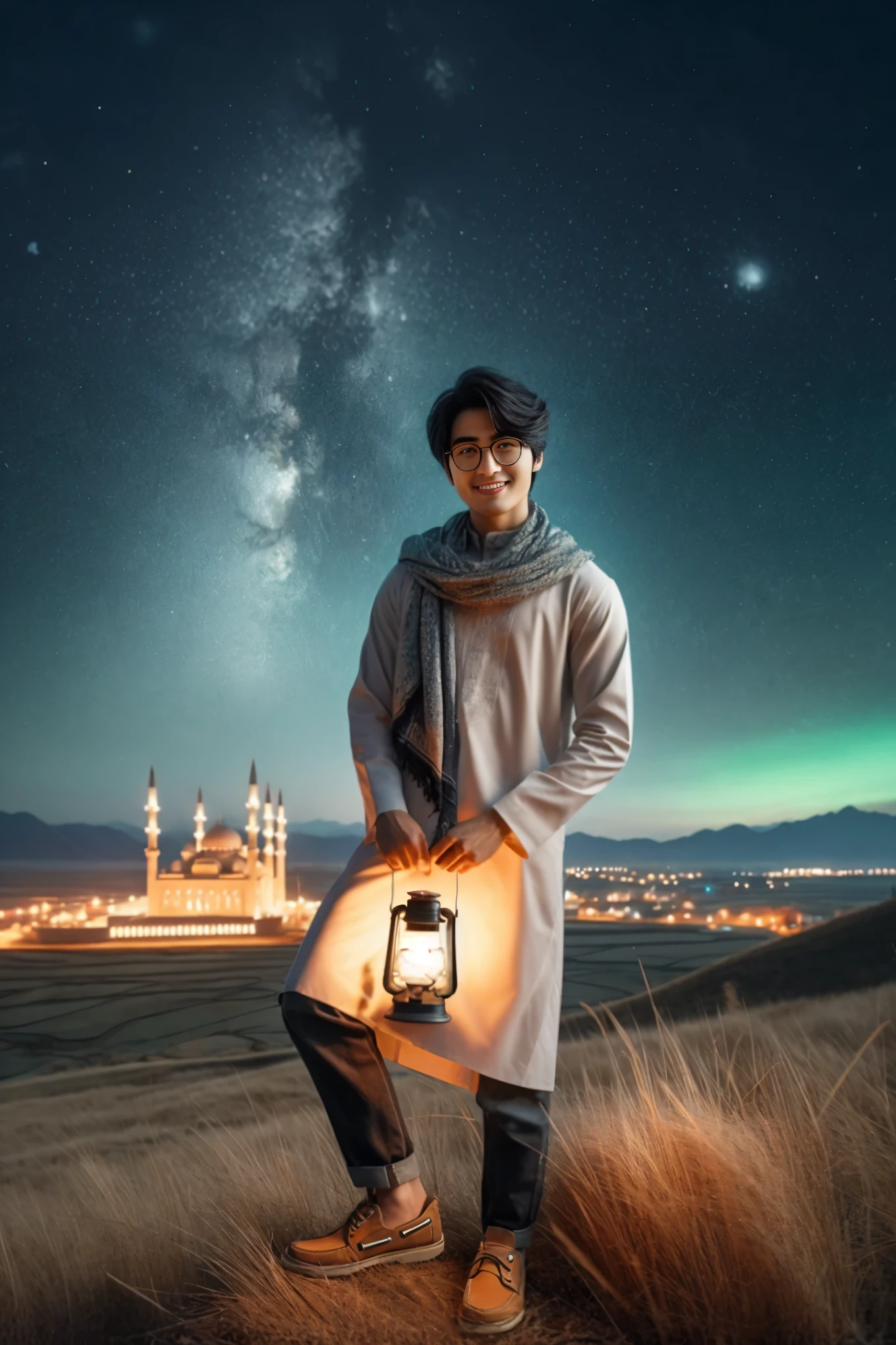 arafed man holding a lantern in a field with a view of a mosque, holding a lantern, profile picture 1024px, mid shot portrait, portrait shot, matte painting portrait shot, inspired by Amir Zand, with stars, edited in photoshop, inspired by Ahmed Karahisari, fantasy photography, medium shot portrait