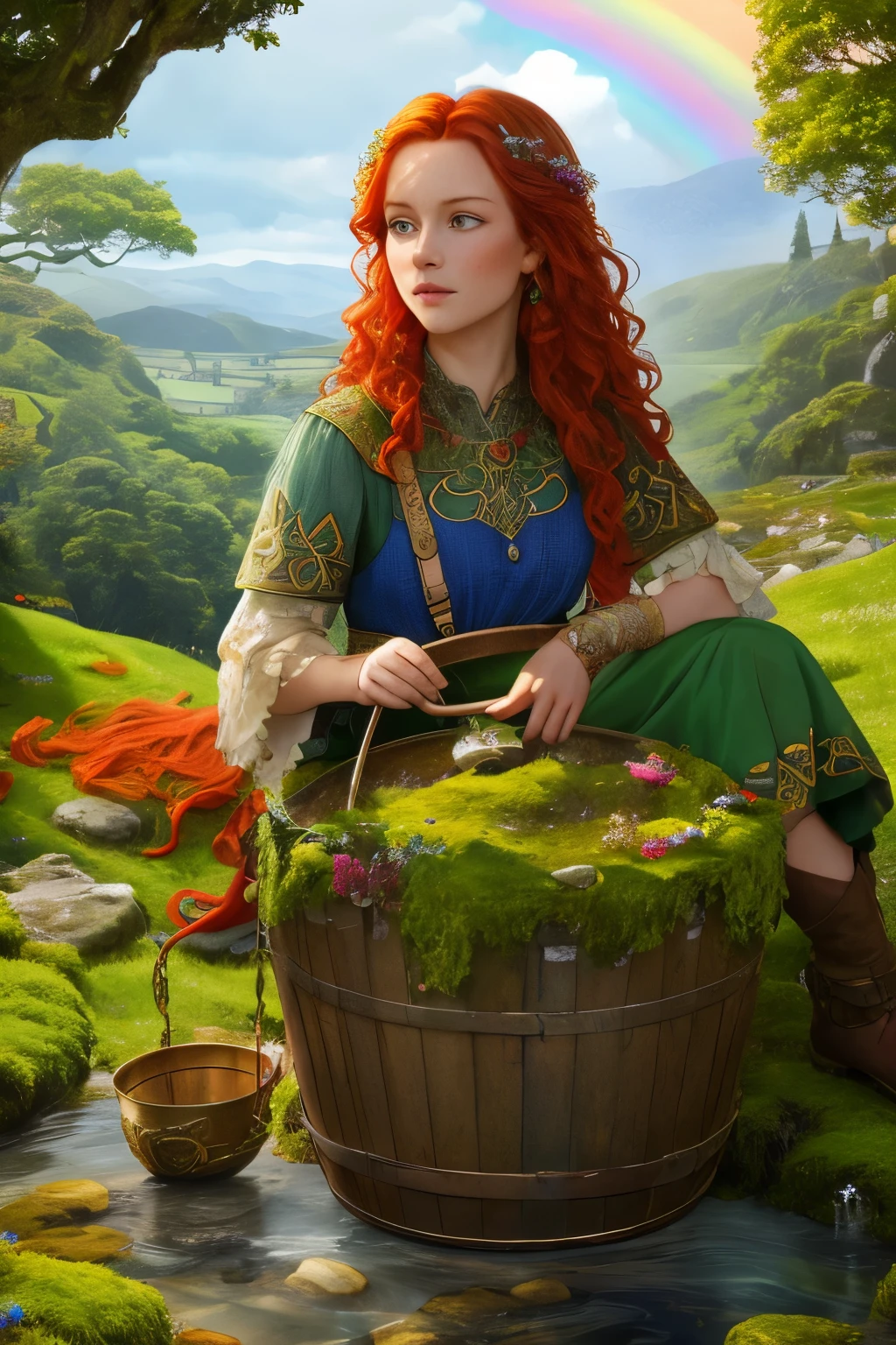 Masterpiece of a Celtic-style scene, Absurdly high 8k resolution, Bucket-full of gold and gems under the Rainbow, Sitting calmly on a mossy stone, Cute redhead girl with freckles, Long, wavy red hair, Nice hands adorned with intricate Celtic tattoos,
Looking up at the sky with a contented expression, View from above reveals her casual Celtic clothes and the big bucket she's holding, Golden gems and precious stones glittering in the bucket,
Surrounded by lush green trees, crystalline clear water, and the vibrant colors of the rainbow, The scene teems