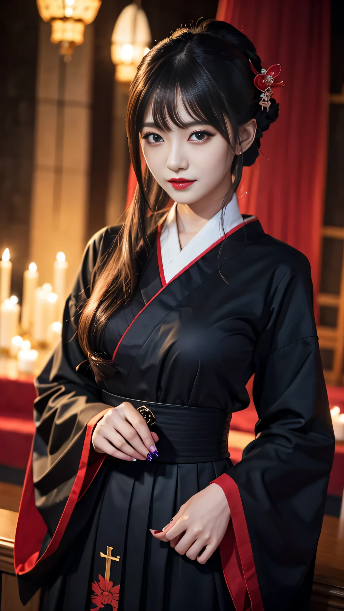 detailed、Japanese、charming beauty、seductive adult woman、Beautiful woman、sharp eyes、cool girl、wavy hair、Black priestess uniform、wide sleeve、black skirt、evilの幹部、evil depravity、brainwashing、Mind control、apply lipstick、grin、evilな表情、evil、empty eyes、evil、church at night、Succubus、vampire、Hypnosia makeup brush、
