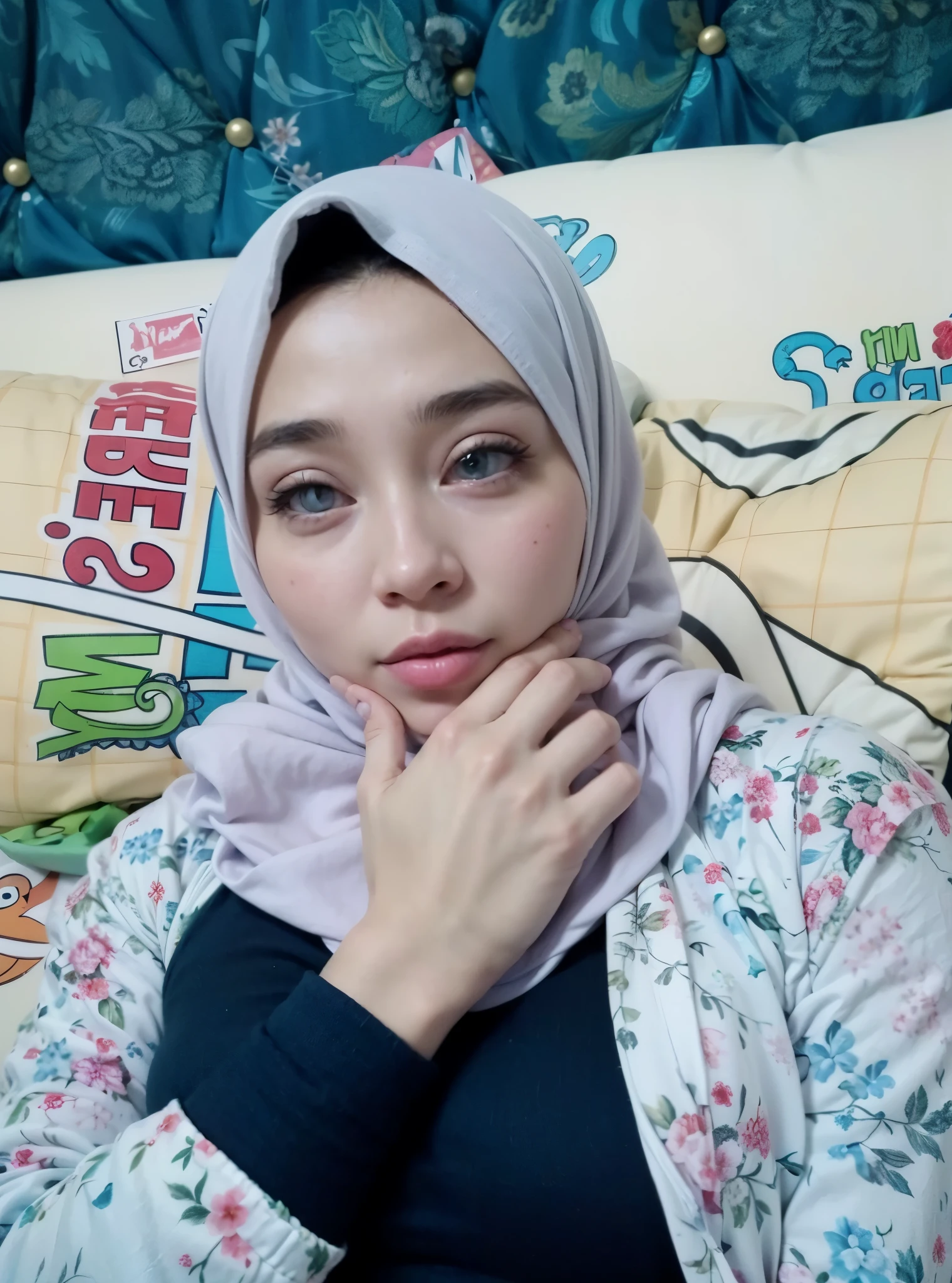 masterpiece, (ultra-high-definition portrait:1.4), Realistic, extremely detailed, CG unified, 8k, Clean lines, highly detailed, High-definition, raw color photos, she is smiling, Realistic portrait, Cinematic Light, Beautiful detailed, 1hijabgirl indonesian, (165cm tall, big breasts with very very tight clothes:1.5), Beautiful big breasts, breasts details, very tight, (Biggorgeous eyes, Soft smile with lovely look:1.5), (Fine face:1.4), Close up of a girl in Beautiful clothes with errcted nipple, biggorgeous eyes, Soft smile, scarf, (Beautiful Tight Clothing with curvaceous body:2), pose 4 of 1 6, Undress, No bra, (nipples that are clearly sticking out detail:1.2), Outdoors, high intricate detailed, float, cum on, Sense of truth, beautiful landscape forest, sexy lighting,