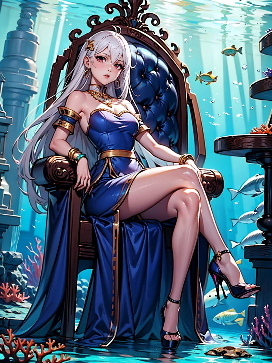 ((1girl, solo ,alone, ninym, white hair, crimson eyes, hair ornament, small breasts, long hair)), ((solo, 1woman, pink lipstick, Extremely detailed, ambient soft lighting, 4k, perfect eyes, a perfect face, perfect lighting, a 1girl)), austere, ((sitting on a throne, ((legs crossed, high heels, underwater, submerged in the ocean, deep sea, sea creatures, aqua)), sitting on her throne under; water, sea queen, mu yanling, Krenz Cushart and Artgerm, ((fish, coral)), shark, turtle, algae)), ((long dress, elegant dress , formal lavender blue dress, Lavender Blue dress, bracelets, ruby earrings, gold necklace, diamond, sovereign))