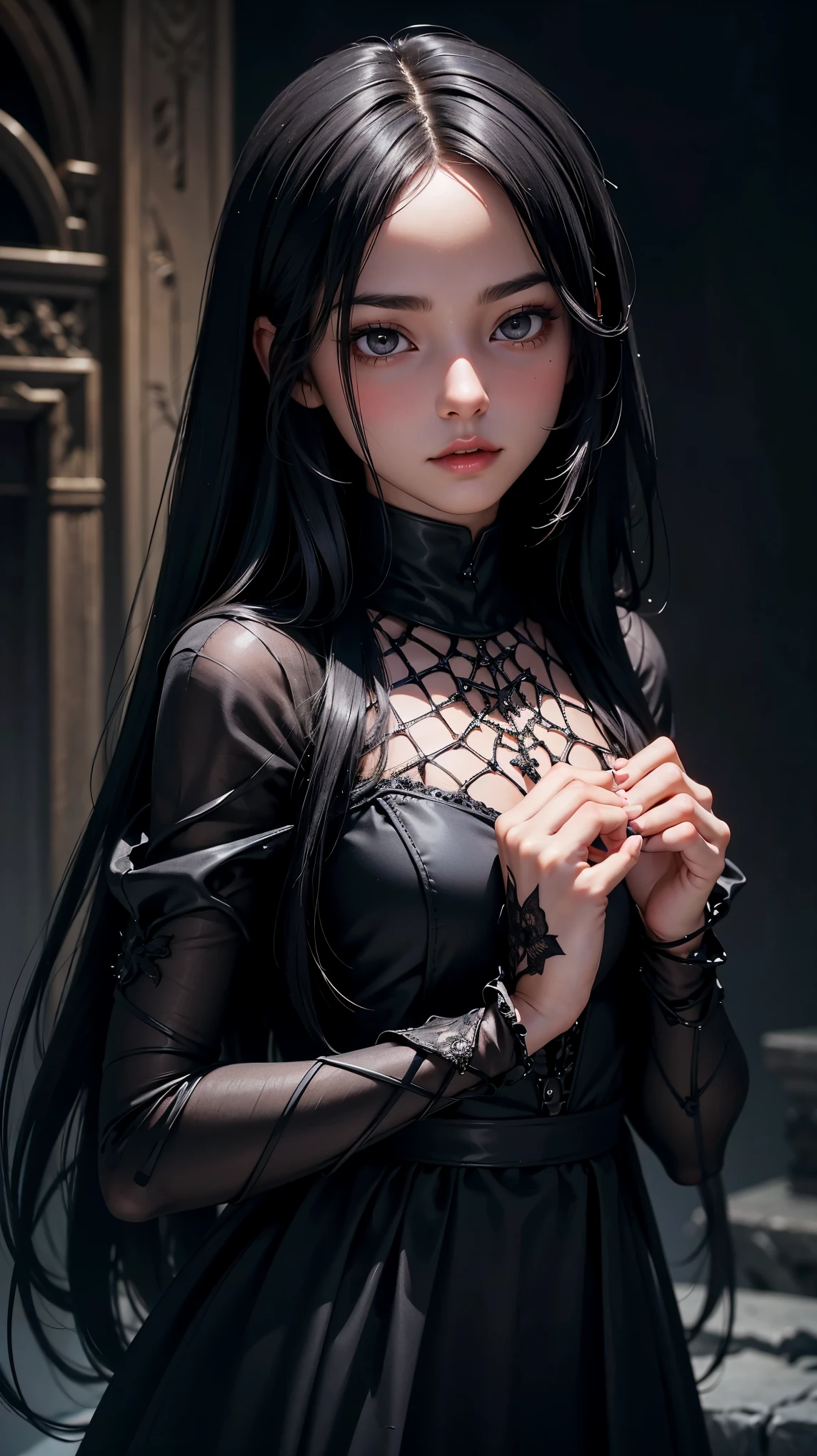 close up, beautiful young girl, dark long hair, black eyes, black dress, black spider in the hands, girl holding spider, spider web on the background, 8k, high detailed, high realism, dark fantasy art