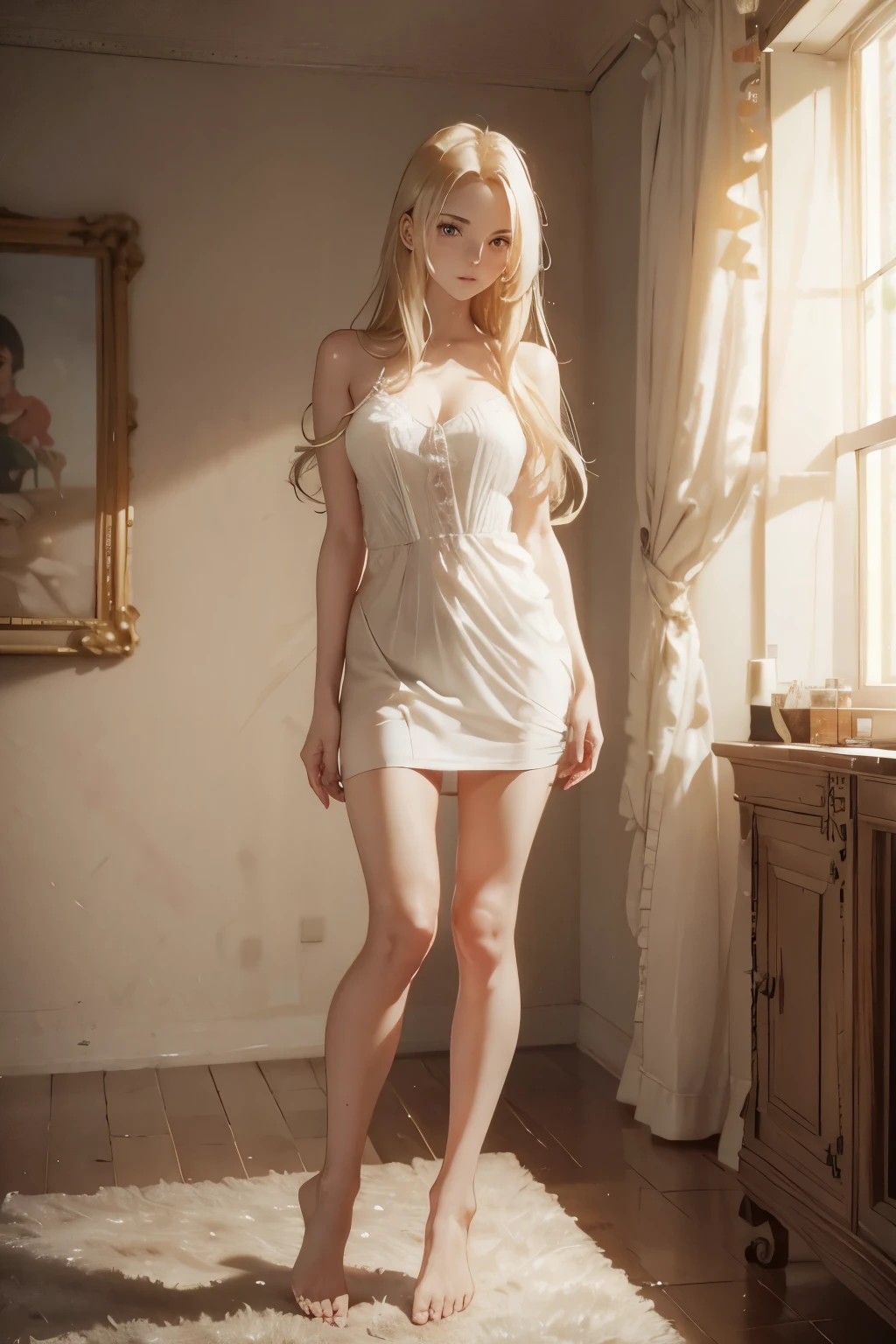 very realistic and detailed 8k image of a 22 year old woman, thin body, pretty, blonde, dressed in a simple dress, sitting on the floor, with her hands on her right cheek, expression of shock, eyes wide, hair falling in front of the face, interior of a beautiful house from the 60's